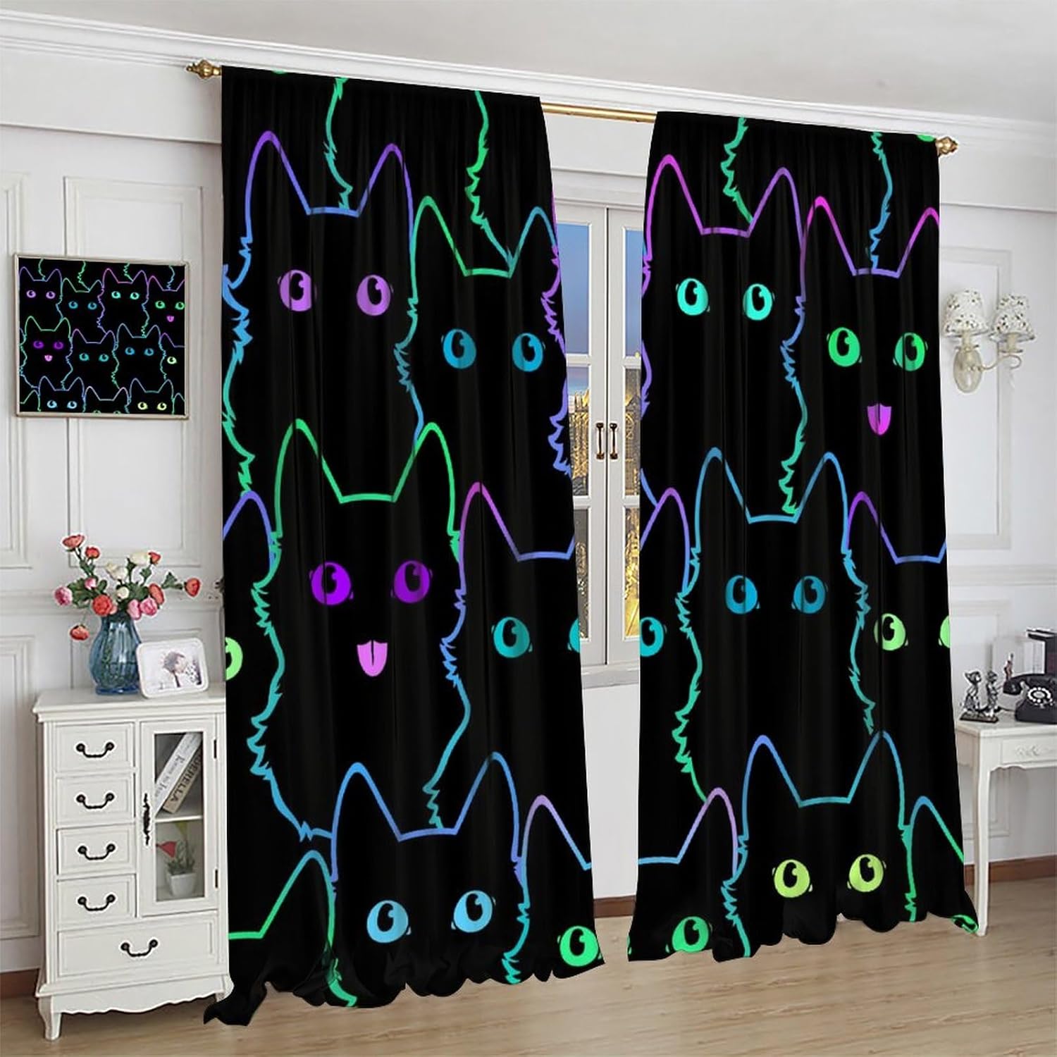 Cat Blackout Curtain for Bedroom, Black Cute Lovely Kawaii Cat Animal Pattern Drapery Rod Pocket Drapes Treatments Window Curtains for Kitchen Kid Room Living Room Decor 21"W x 54"L (Pack of 2)