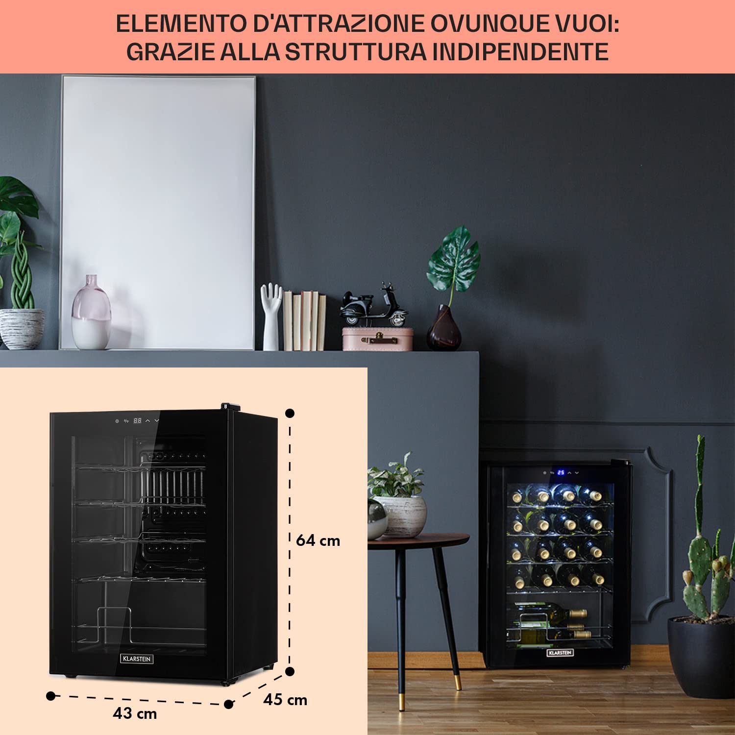 KLARSTEIN Cantinetta Vino Design, Cantinetta Vino Refrigerata a Zona Singola per Vino Rosso, Bianco e Birra, Controlli Touch, Frigo Vino Cantinetta per Esterno/Interno, 5-18°C, 53L, 20 Bottiglie