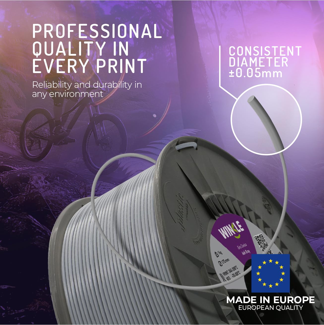 WINKLE ASA Szary Filament Do Drukarki 3D 1.75mm 250g | Kompatybilny z Większością Drukarek 3D | Dokładność Wymiarowa | Wytrzymały