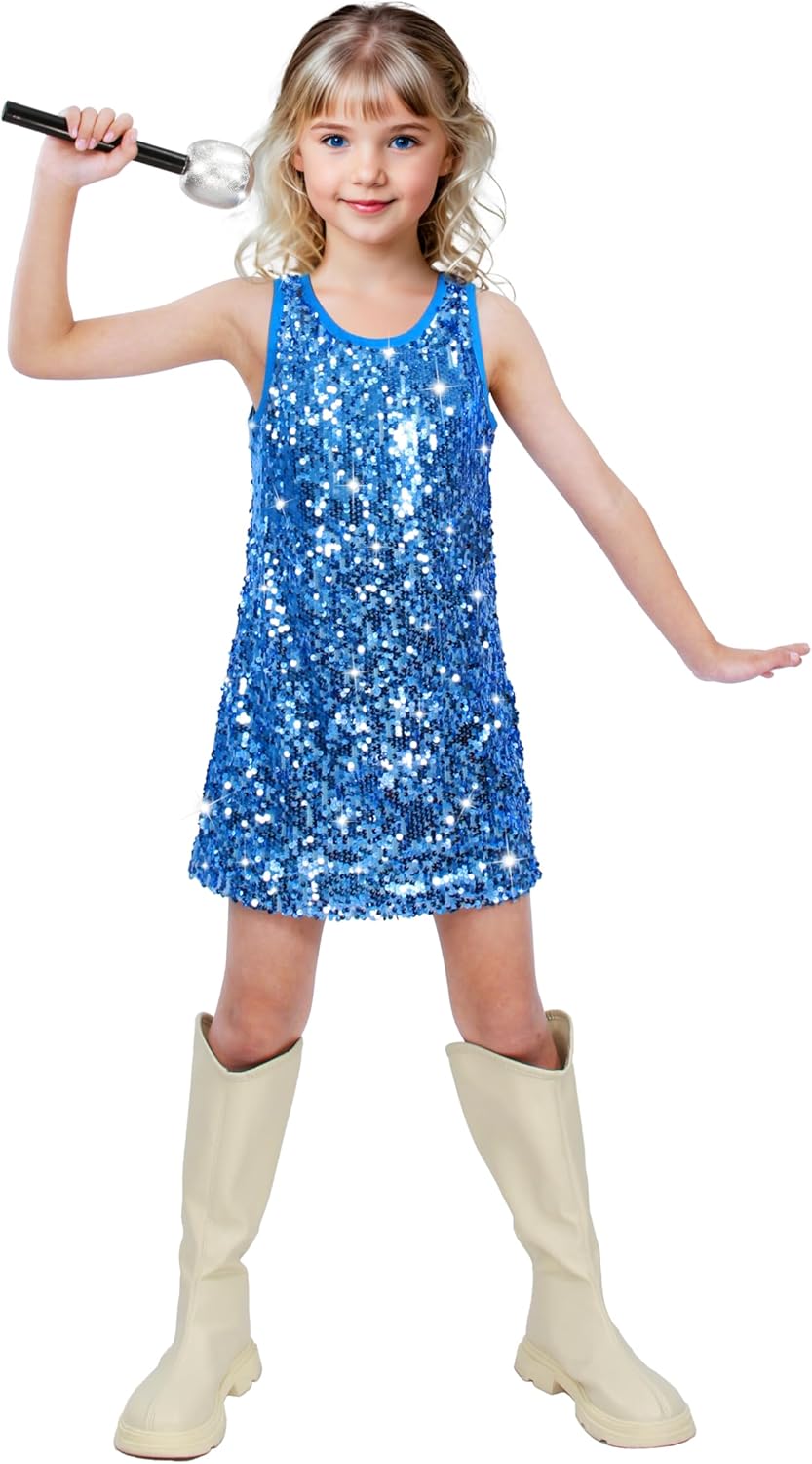 Girls Sequin Dress Sparkly Sleeveless Costume Prom Concert Party Outfit with Glitter Microphone Prop