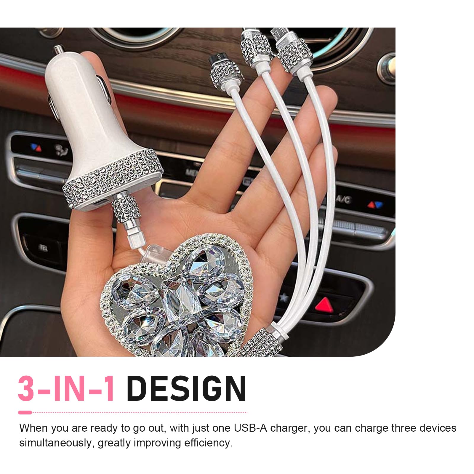 Multi Ladekabel, 3 in 1 Bling Strass Einziehbares Auto Ladekabel mit Typ-C/Lightning/Micro USB Steckern, Universal Sparkly Auto Innenraum Zubehör (Weiß)
