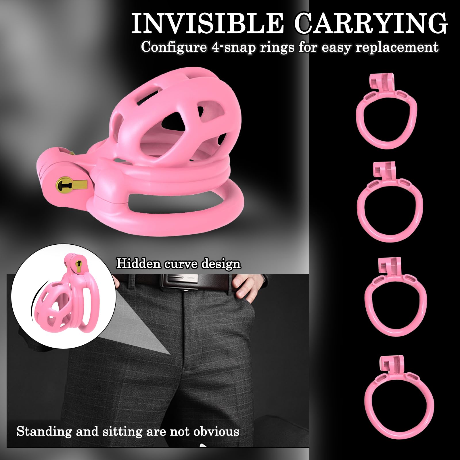 BDSMYOU Gabbia di Castità Rosa,Include 4 Anelli per Testicoli di Diverse Dimensioni,Chastity Cage Maschile in Resina 3D,BDSM Bondage Sex Toys,Toys Sessuali per Uomini (S)