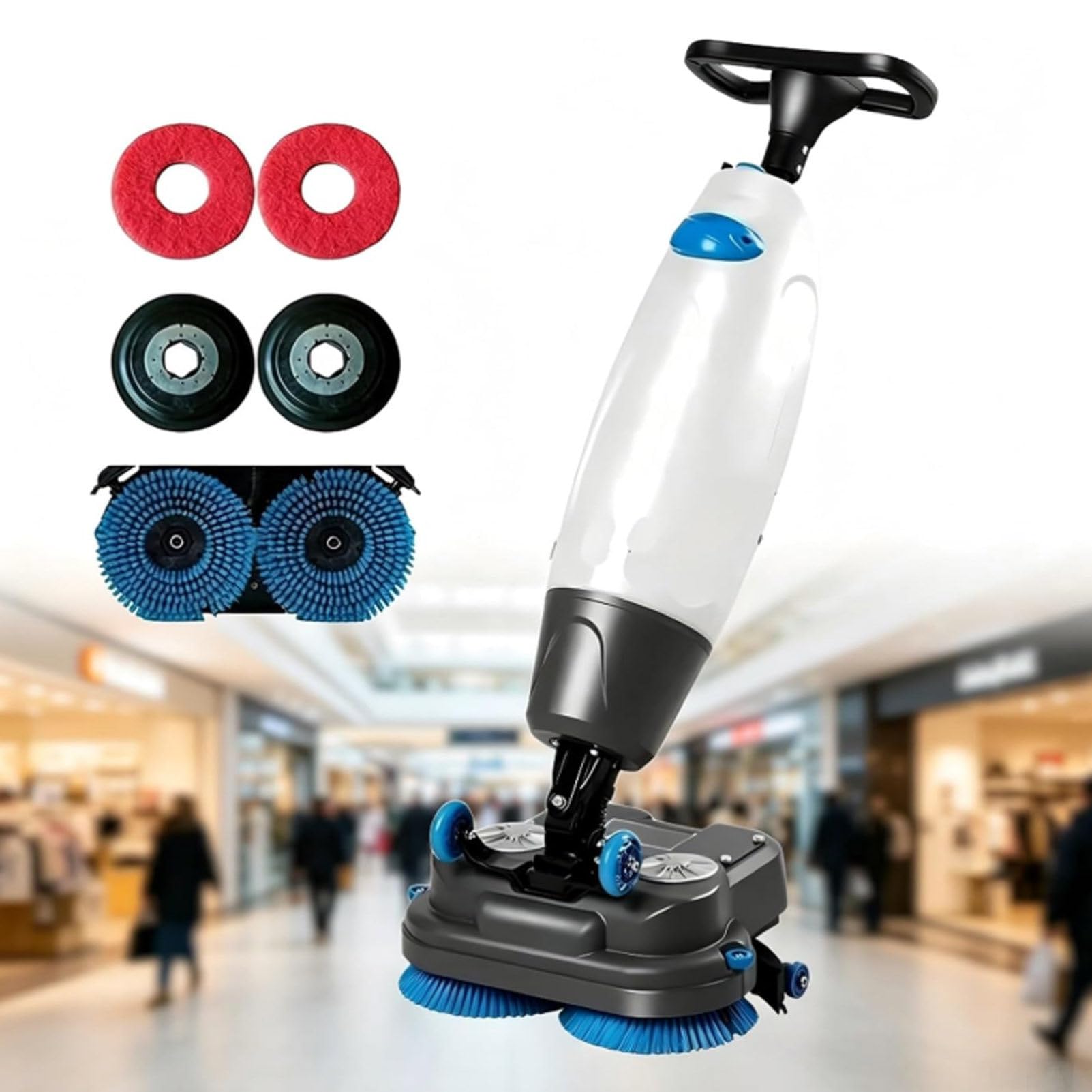 Hydravex White Walk Behind Floor Scrubber, Commercial Floor Buffer Machine, 17” Path, Cordless Operations, Double Brushes And 360° Swivel Head 4.5L + 7.5L Dual Tanks For Small Spaces, Offices, Retail
