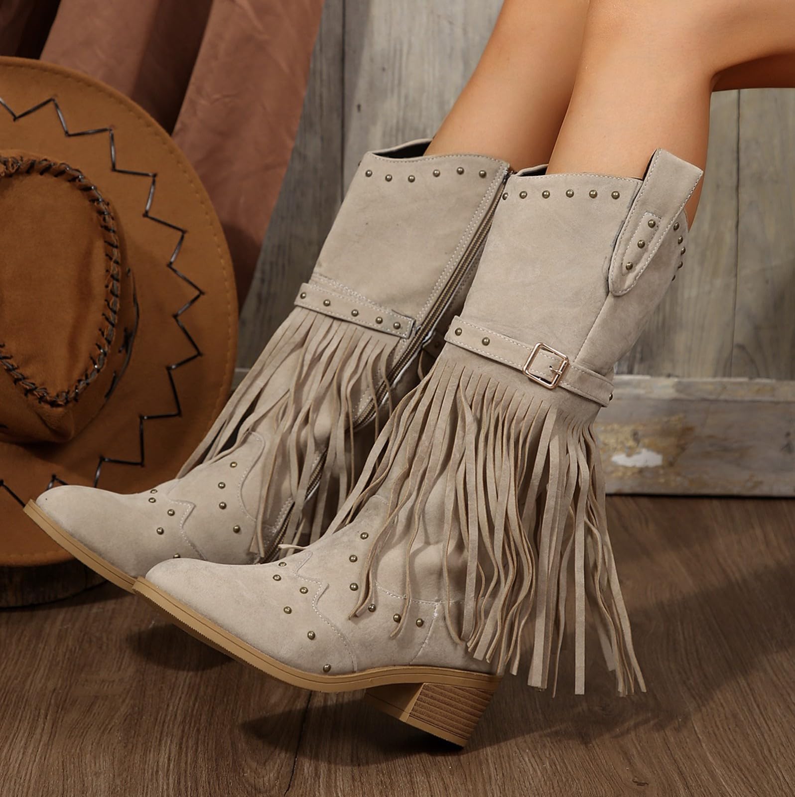 Scarpe Nere con Frange in Pelle Donna Alte Comode - Stivali Cowboy A | Western Donna Con Frange E Borchie Stivali Cinturino E Fibbia Tacco Largo Stivaletti Boho Chic Per Cerimonia
