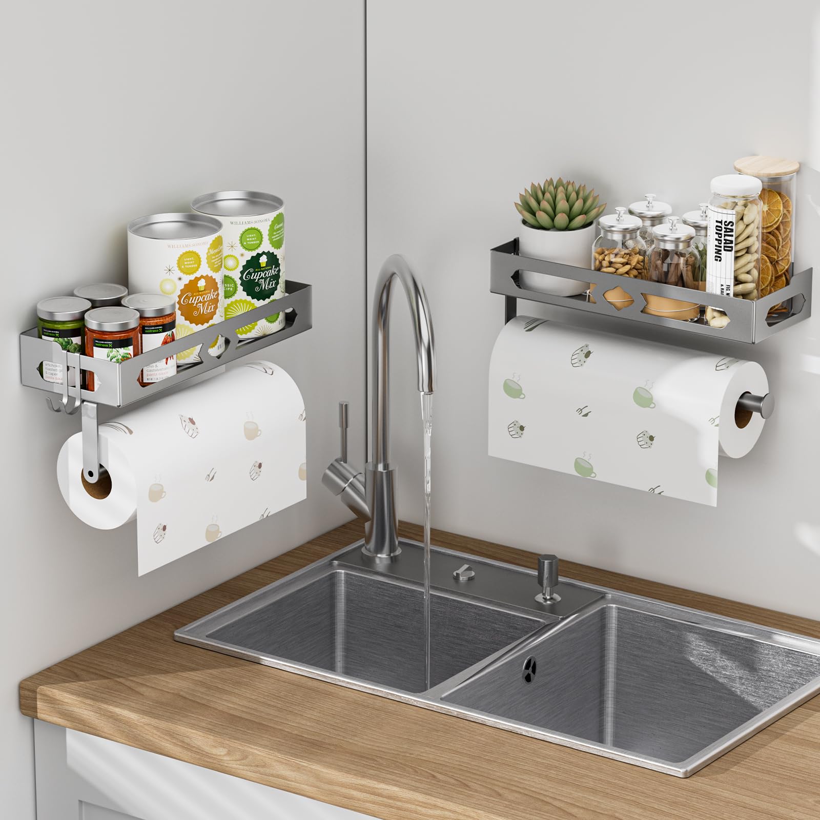 ZDDLOINP Spice Rack with Paper Towel Holder Roll and Hooks, Wall Mounted Spice Rack - Image 4