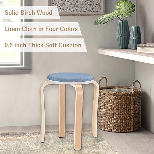 Miniatura 7 de Taburetes de madera, juego de 4 sillas redondas tapizadas sin espalda apilables para comedor, cocina, hogar, jardín, sala de estar y aula (D4002)