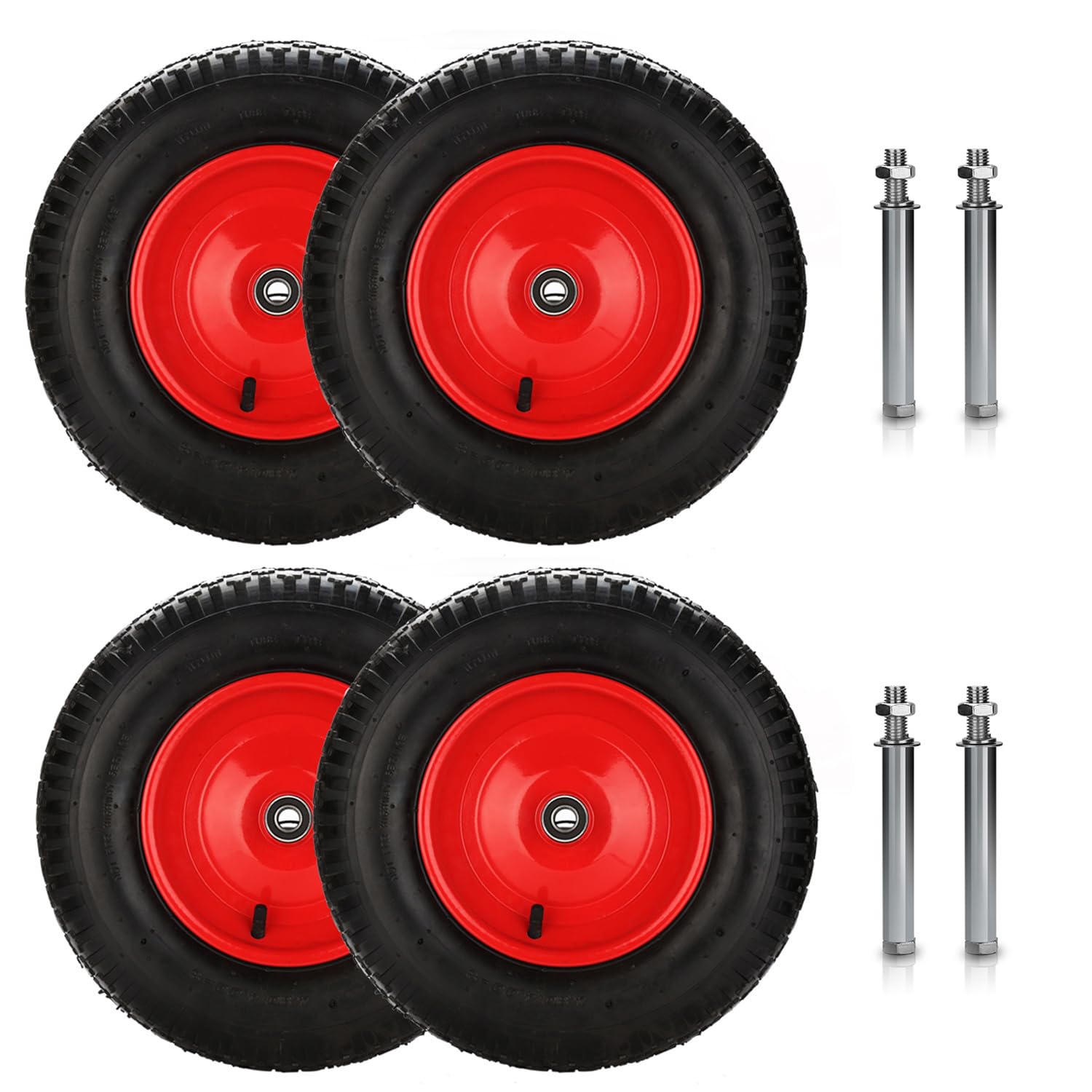 Schubkarrenrad luftbereift 4.80/4.00-8 Ø 390mm, PU Gummirad mit Achse, 200 kg Tragkraft Ersatzrad, Reifenbreite 95 mm für Schubkarre Gartenkarren, Schwarz/Rot 4pcs