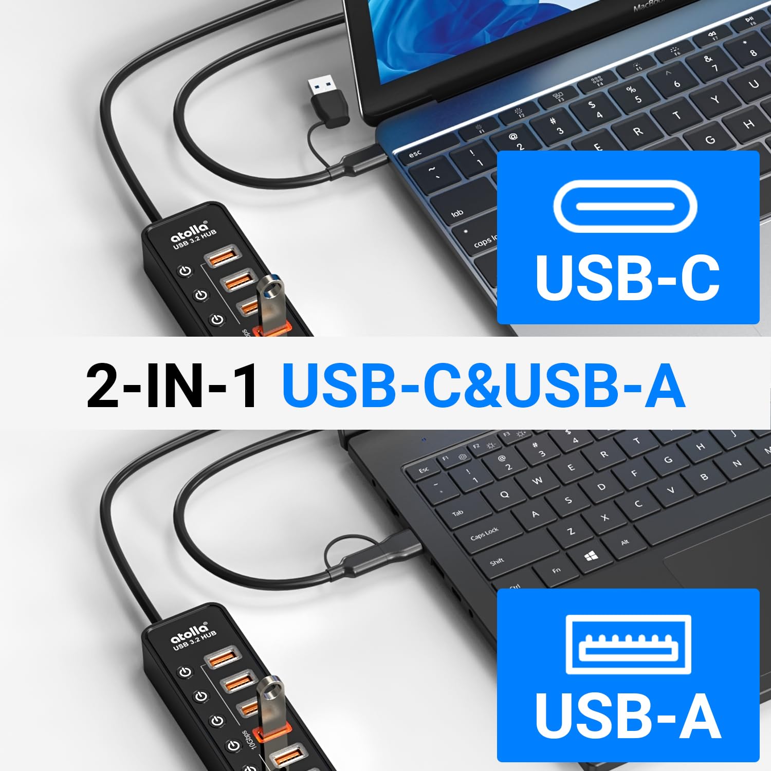 atolla - Concentrador USB 3.2 con 8 puertos USB 3.2/USB C, concentrador USB C alimentado con 7 puertos USB-A de 10 Gbps + 1 puerto de carga inteligente, interruptores de encendido/apagado individuales