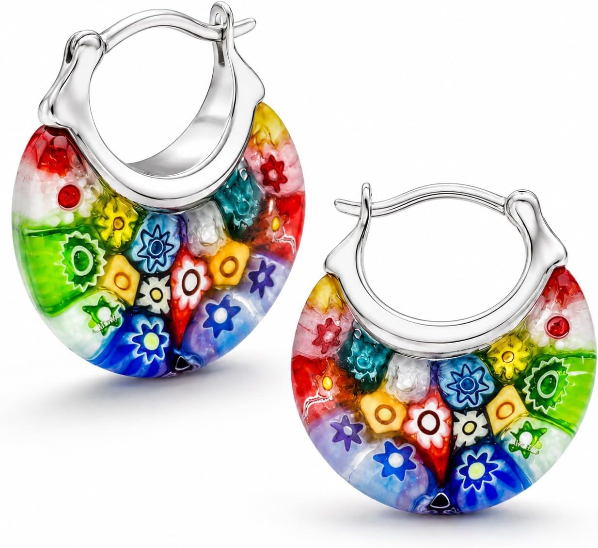 Shop LC Murano Style Glass Hoop Earrings for Women | Colorful Floral Statement Earrings | Millefiori Flower Design | Stainless Steel | Fun Boho Gift | 11.6g