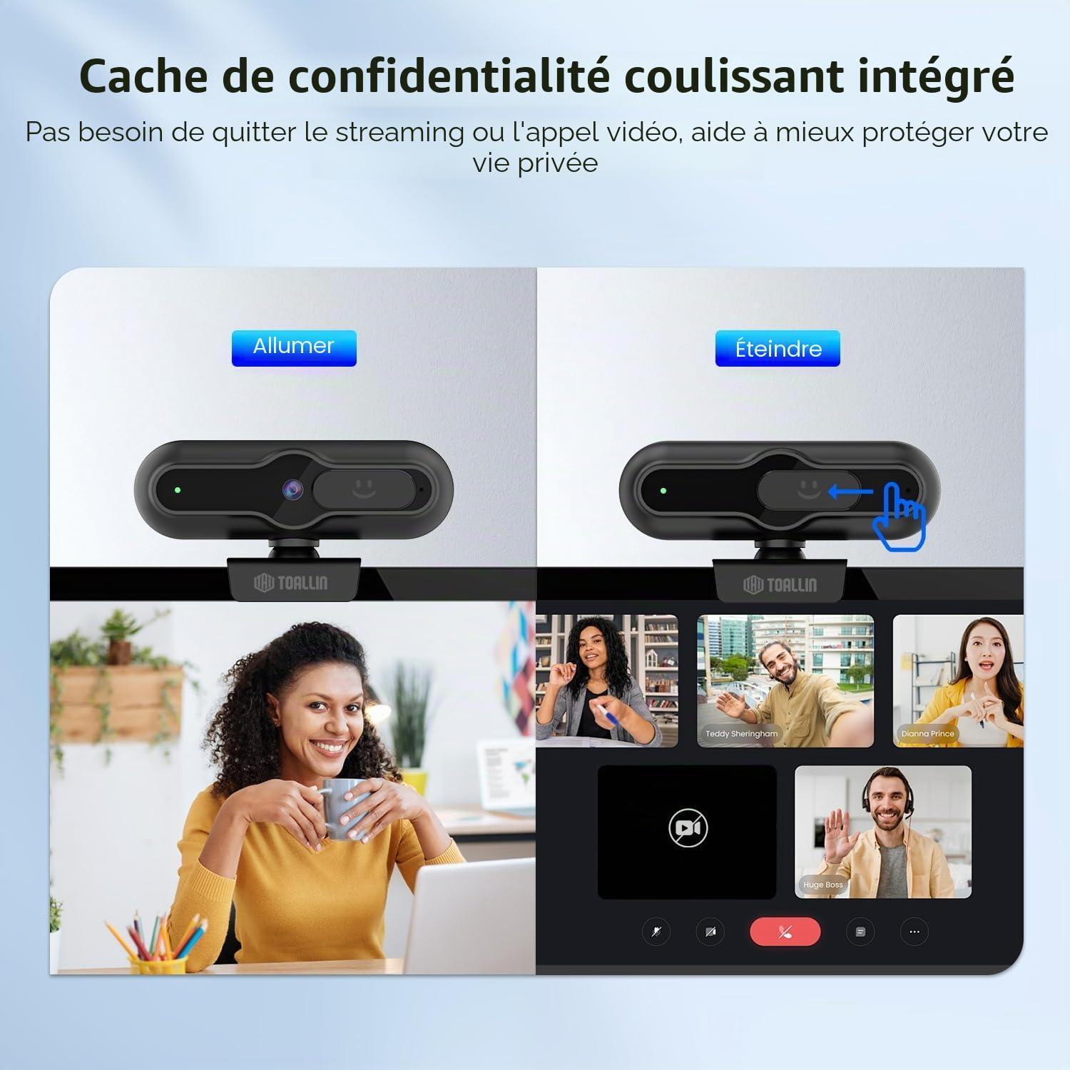 TOALLIN Webcam 4K pour PC, 1080p@60fps, capteur 1/2,5", autofocus PDAF, Microphone intégré et Cache de confidentialité, Webcam USB pour Ordinateur Portable, conférences, Streaming et appels vidéo
