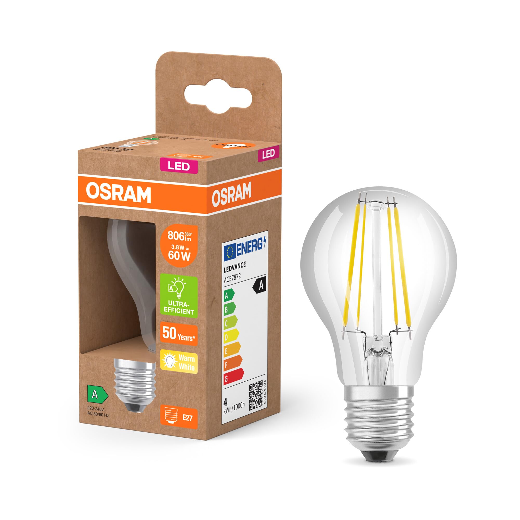 Osram LED Classic LED-Lampe mit Filament in klassischer Kolbenform, klarer Glasleuchtkörper, 3.8 W, E27 Fassung, EEK A, 806 lm für die Allgemeinbeleuchtung.