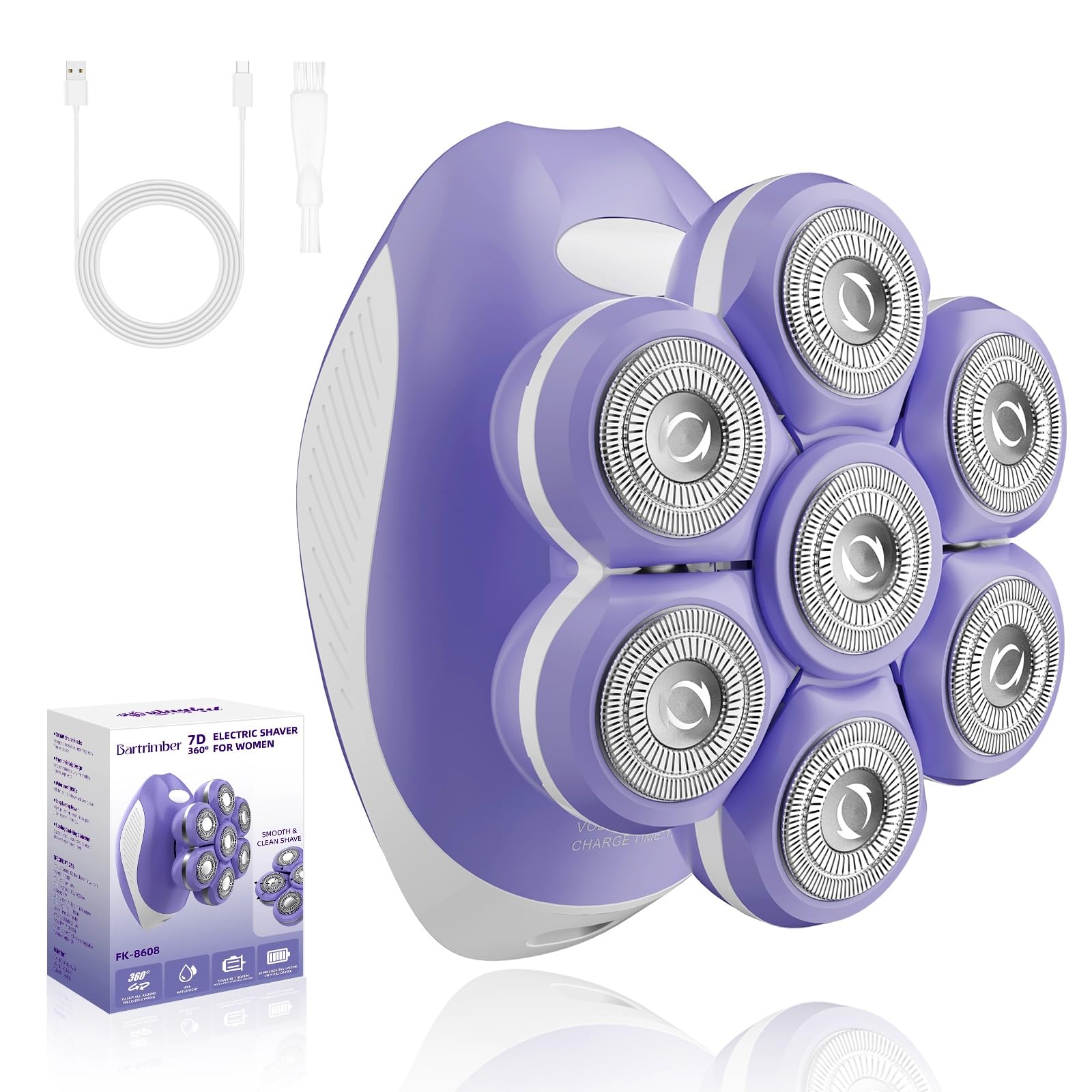 Bartrimber 7D Electric Razors for Women: Fast & Smooth Full-Area Electric Shaver for Women Flawless Legs, Waterproof Body Hair Remover for Wet Dry Use w/Light&Travel Cap, Gift for Ladies, Deep Purple