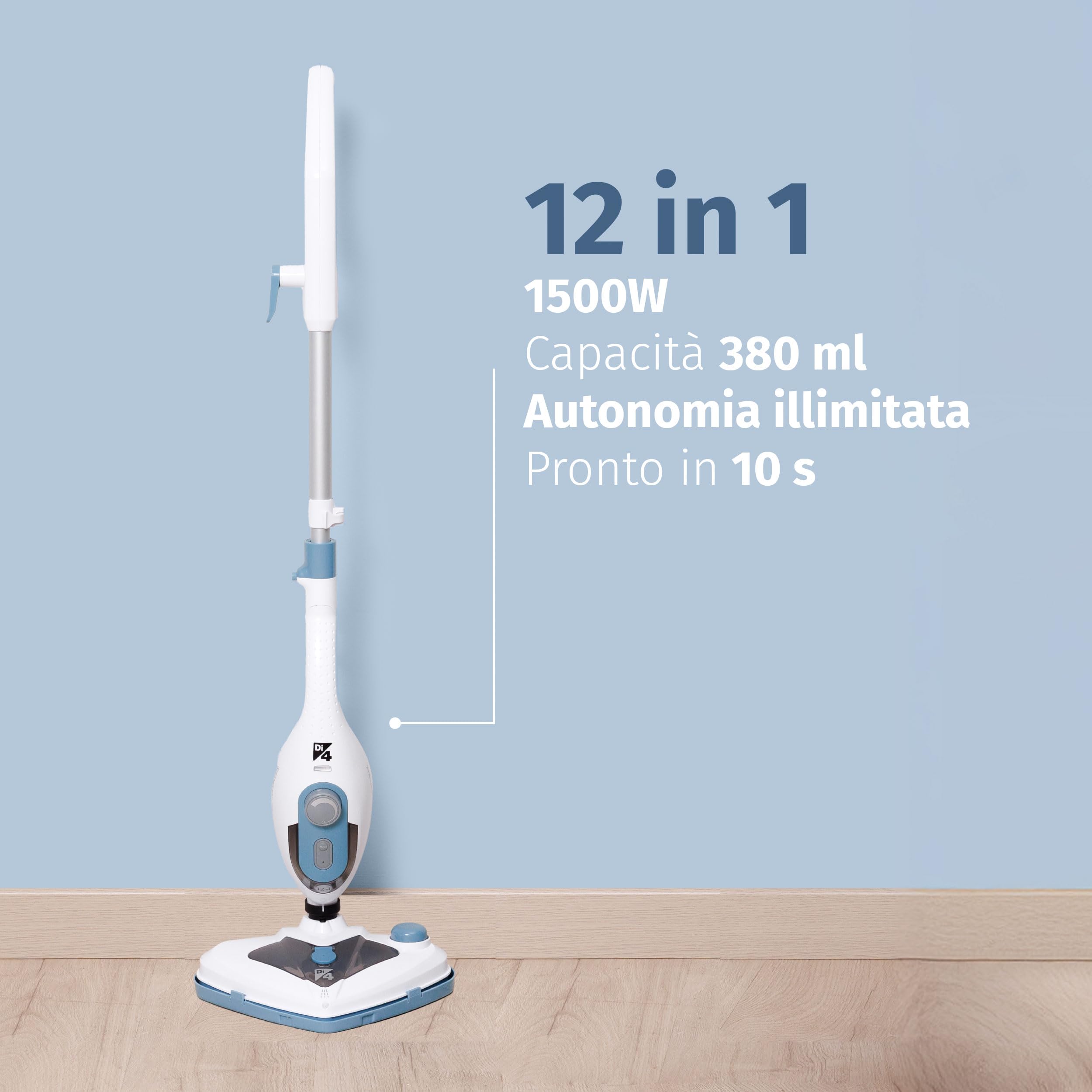 Di4 SteamClean Multi 12 ProMax, Lavapavimenti a Vapore Multifunzione 12 in 1, 1500W, Elimina 99,9% di Virus e Batteri, Scopa Vapore ECO, Steam Cleaner per tutta la casa, Pulitore Vetri, Pulisci Divano