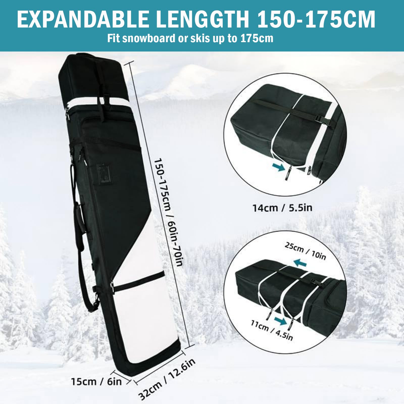 AUMTISC Torba snowboardowa, wyściełana, wytrzymała torba narciarska z wodoodporną podszewką, regulowane paski na ramię, pasuje do desek snowboardowych 155-180 cm, czarna/niebieska