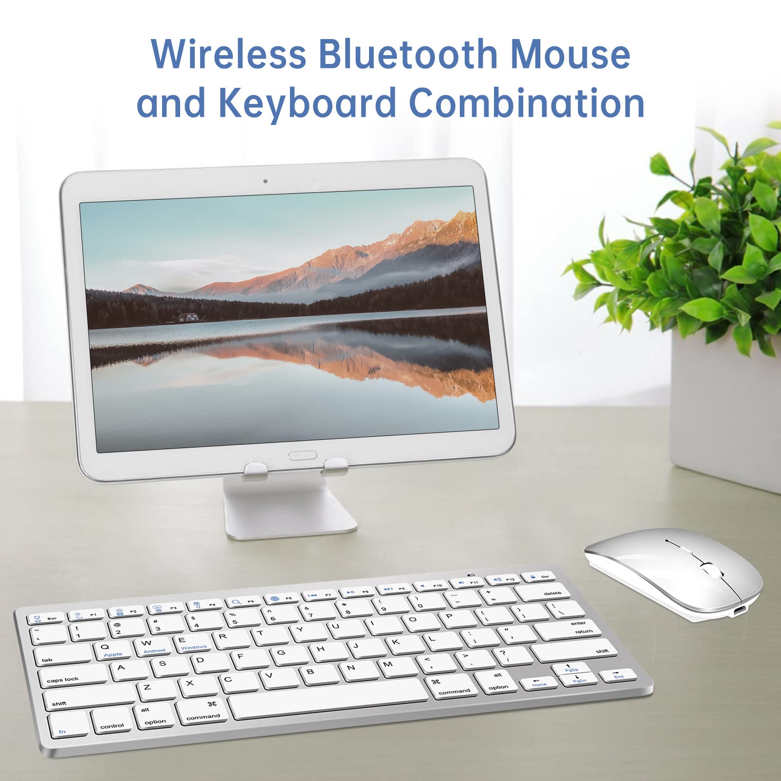 TECURS Draadloos Bluetooth-toetsenbord en muis, draagbaar, dun, stil, oplaadbaar, met achtergrondverlichting voor iPad Tablet/PC/iOS/Android/ Windows (ES Layout - QWERTY