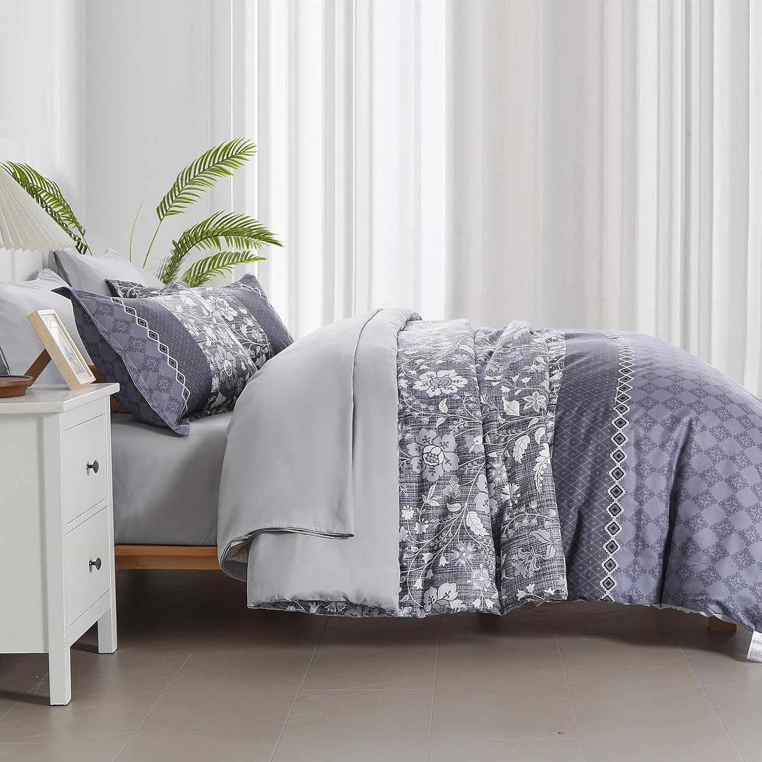 WONGS BEDDING Blue Comforter Set King, 7 Pieces Bed in a Bag Floral Geometric Patchwork Soft Microfiber Comforter Bedding Set Comforter with Flat Sheet, Fitted Sheet, Pillow Shams,Pillowcases - Image 4