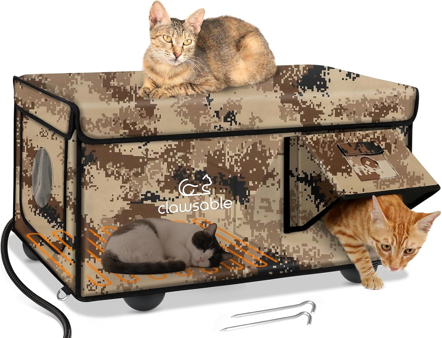 Indestructible Heated Cat House for Outside Cats Winter, 100% Weatherproof, Safe Escape Door, Insulated Outdoor Cat Shelter with Heater for Feral Barn Cat Kitty (Desert Camouflage, 26"x16"x14") Desert Camouflage 26"x16"x14"