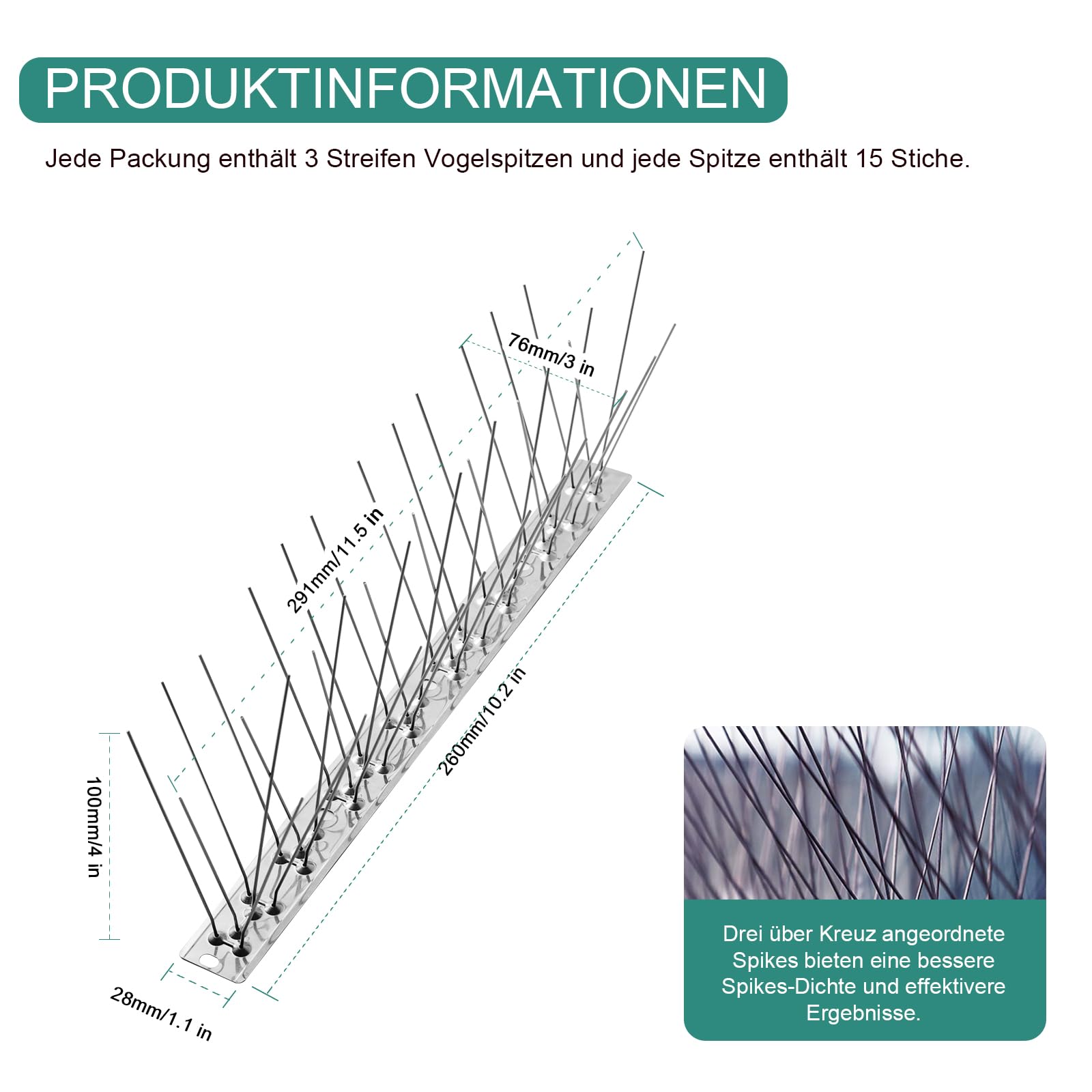 OFFO Edelstahl Taubenabwehr Vogelabwehr Spikes, Taubenschutz und Vogelschutzgitter für Balkon Dachbalken Garten Fensterbank 78cm