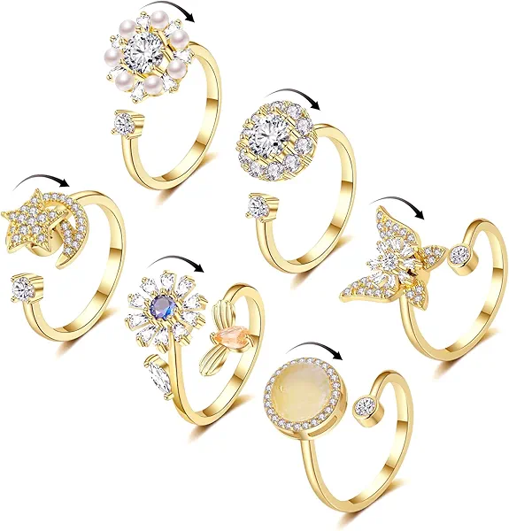 Honsny 6Pcs 14K Gold Plated Anxiety Rings for Women, Adjustable Spinner Anxiety Ring, CZ Butterfly Bee Moon Star Fidget Rings for Anxiety Stress Relief for Women