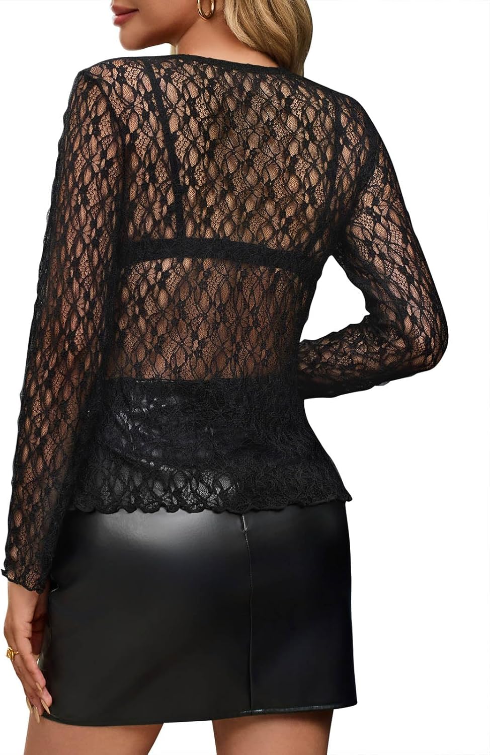 Yousify Womens Lace Mesh Long Sleeve Tops Sheer See Through Sexy Y2k Shirts Crewneck Layering Tees - Image 5