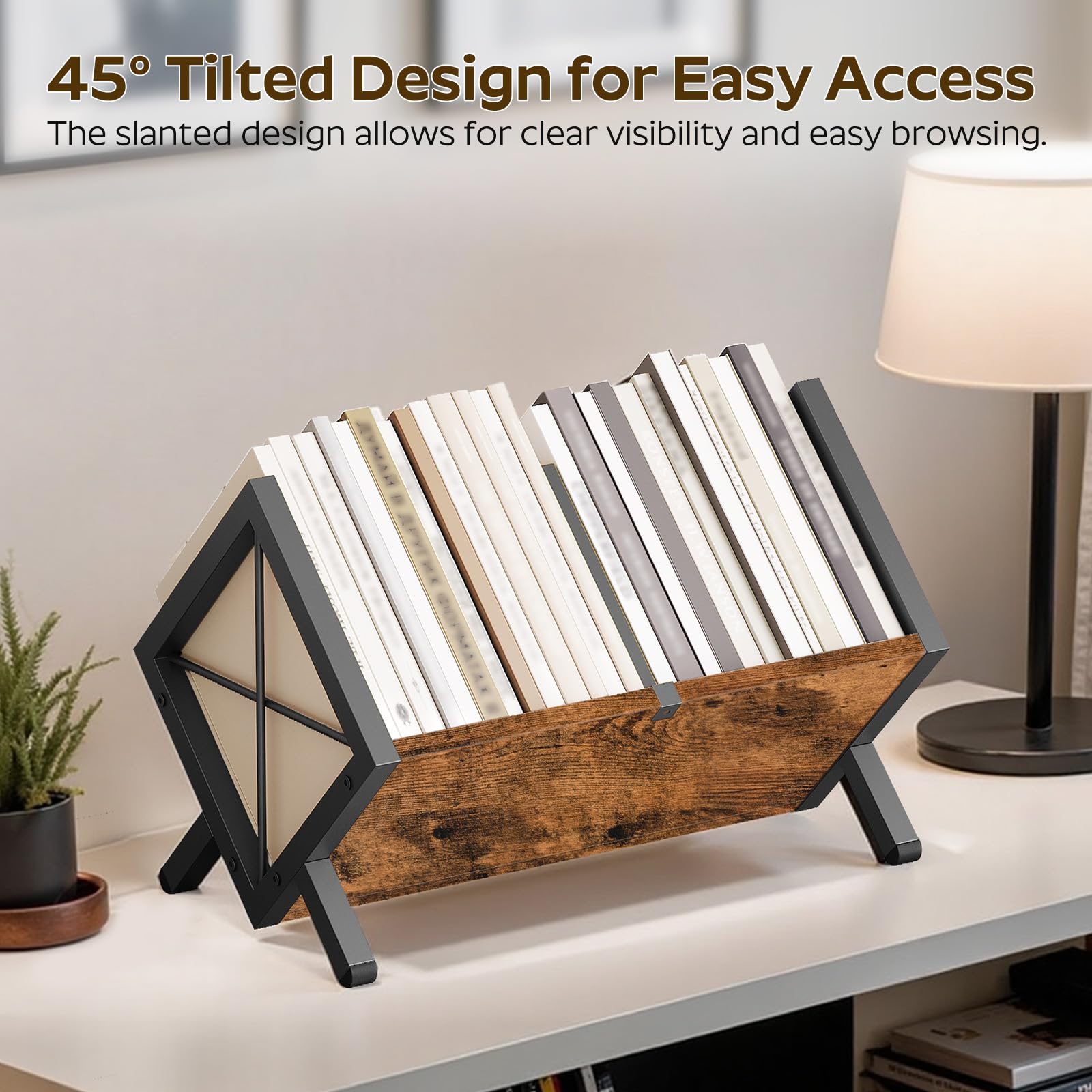YATINEY Supporto per dischi in vinile, può contenere dischi da 80 a 100 LP, display in legno e metallo, organizer per dischi in vinile da montare rapidamente, per CD, libri, album, marrone rustico e