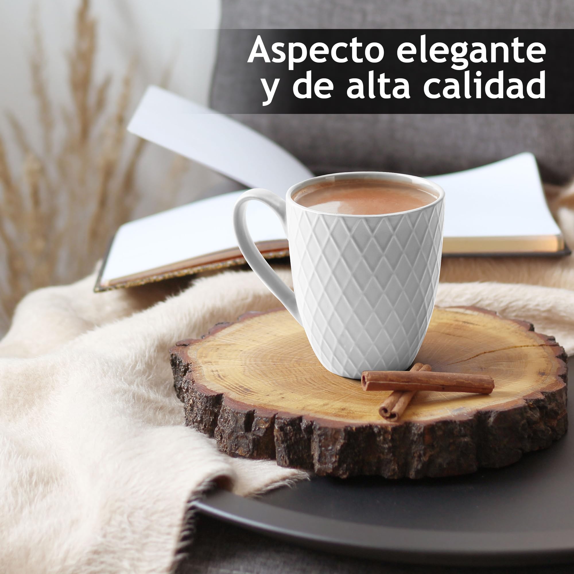 MIAMIO - Tazas grandes de café (6 × 350 ml), set de 6 - Palmanova (Blanco) | Tazas grandes de cerámica para cappuccino, té y latte macchiato; set de 6 tazas de café, todas aptas para lavavajillas