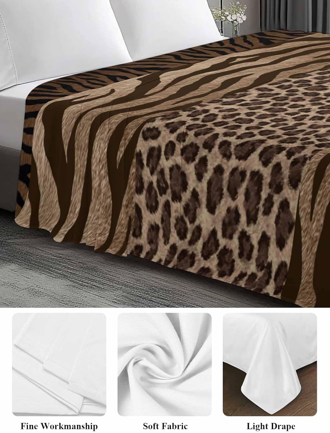 Full Flat Sheet, Leopard Zebra Print Full Bed Sheets Only, Soft Microfiber Flat Sheet, Vintage Animal Skin Striped Brown Hotel Quality Bedding Top Sheet Bedroom Home Dorm Decor