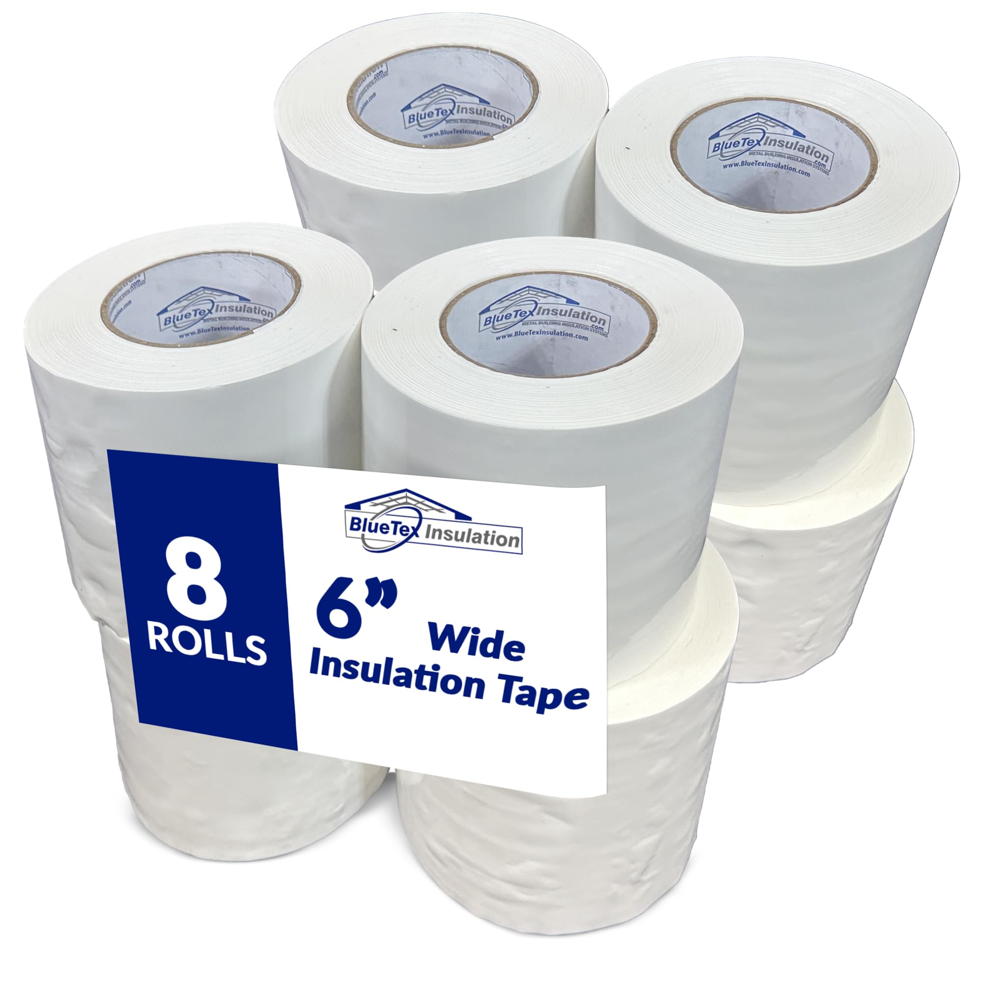 BlueTex Insulationㅤ 6" Wide x 180' Long White Vapor Barrier Seam Tape - 8 Roll Bulk Pack, Waterproofing & Great for Crawlspaces, Insulation Repair,