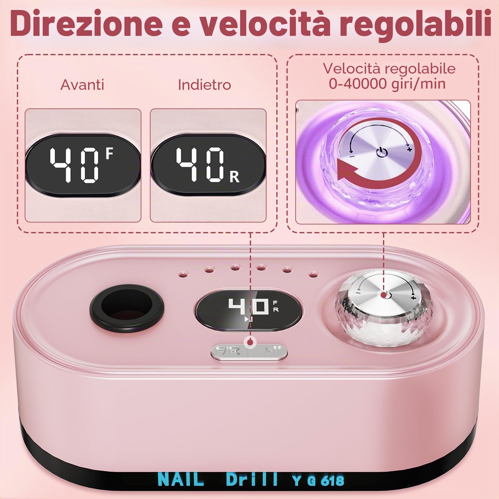 Fresa per unghie in gel, fresa elettrica professionale 40000U/M, fresa per manicure e pedicure, set fresa per unghie per diverse esigenze di manicure e pedicure, non ricaricabile (rosa)