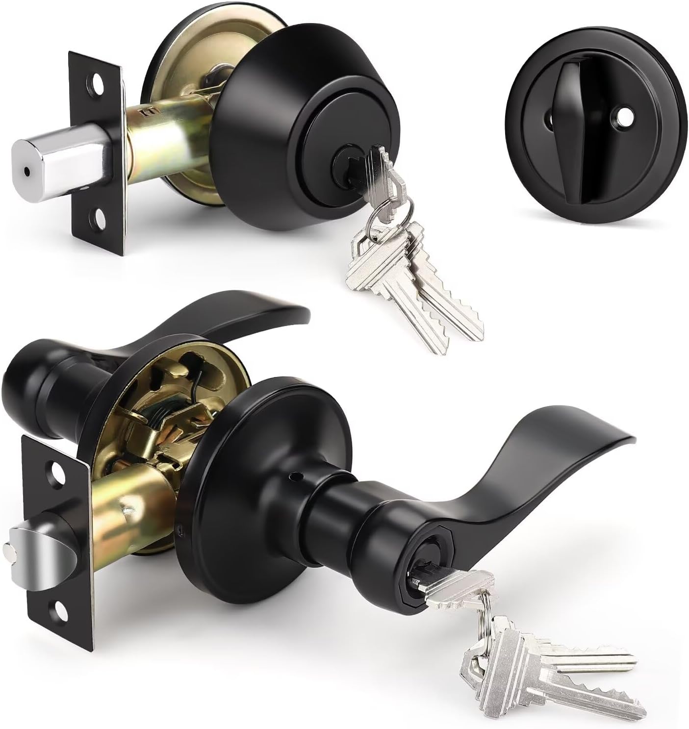 Knobonly 1 Pack Keyed Alike Front Door Handle with Single Cylinder Deadbolt, Matte Black Exterior Door Lock Set, Zinc Alloy