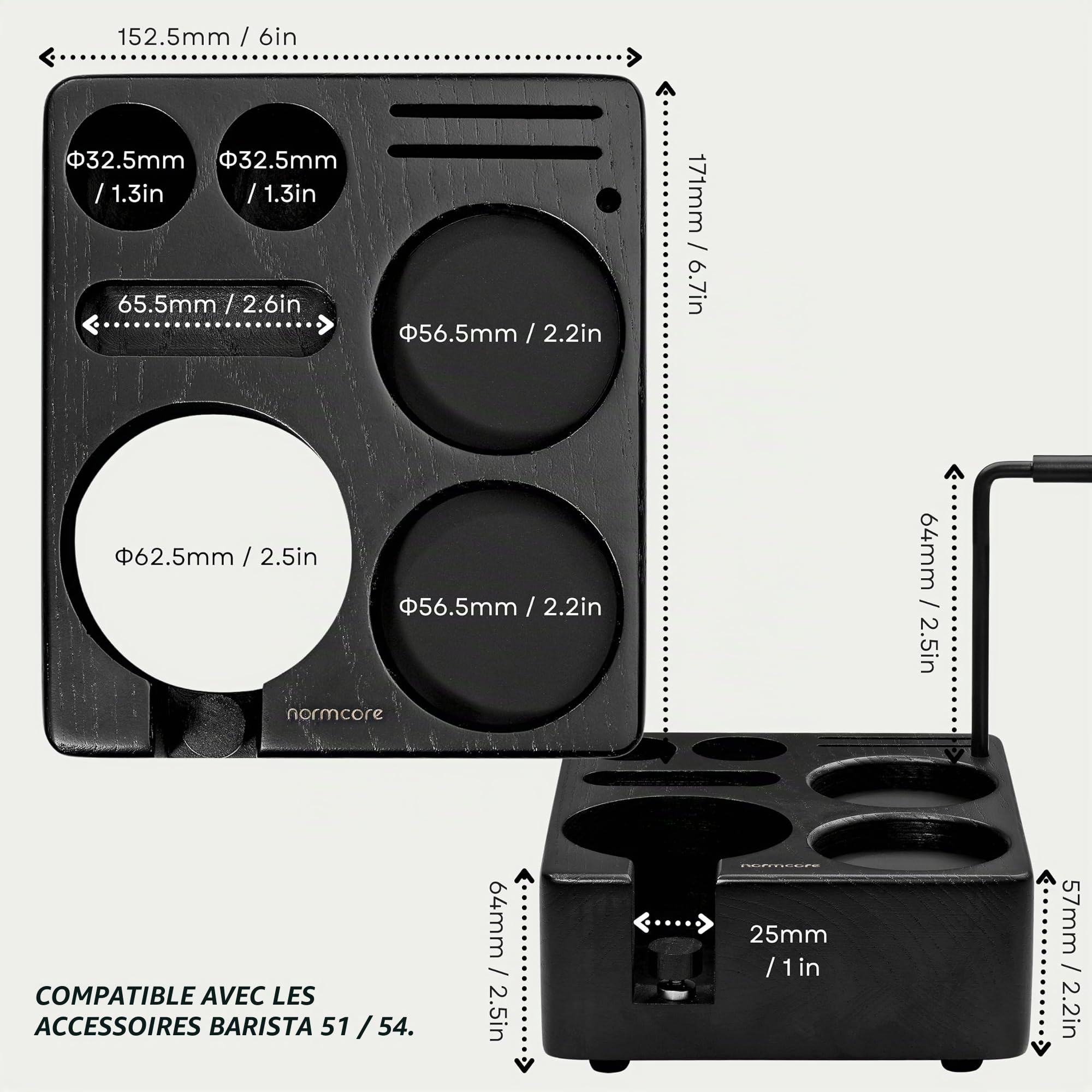 Normcore Station de tampage à expresso, station de tamper en bois pour machine à expresso de 51 à 54 mm, accessoires pour machine à expresso, distributeur, WDT, écran palette, support de porte-filtre