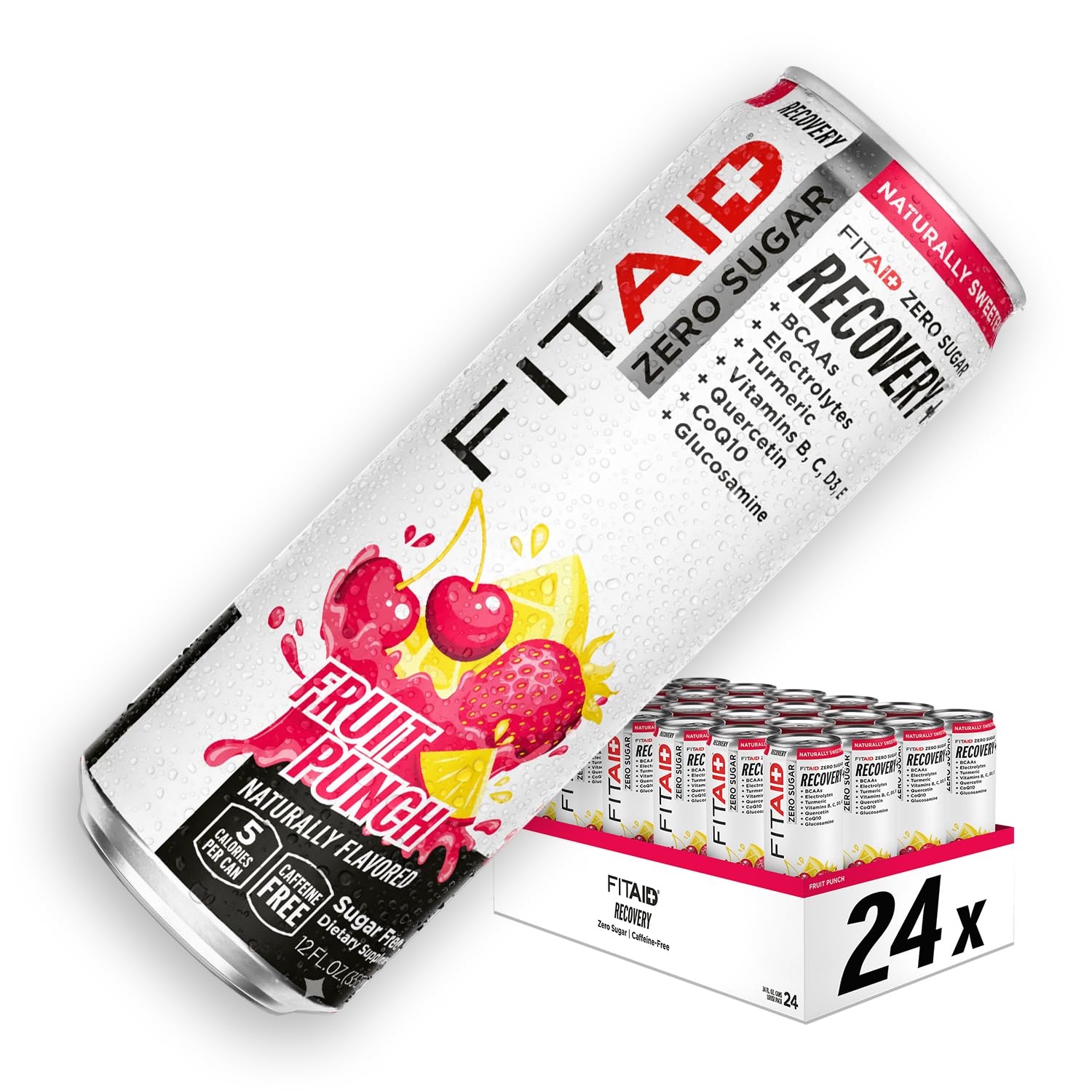 FITAID Fruit Punch Zero - Clean Recovery Sports Drink and Hydration Helper - Ready to Drink BCAA, Electrolytes & Multivitamin Beverage with Vitamins Magnesium Turmeric Glutamine CoQ10 Stevia 24x355ml