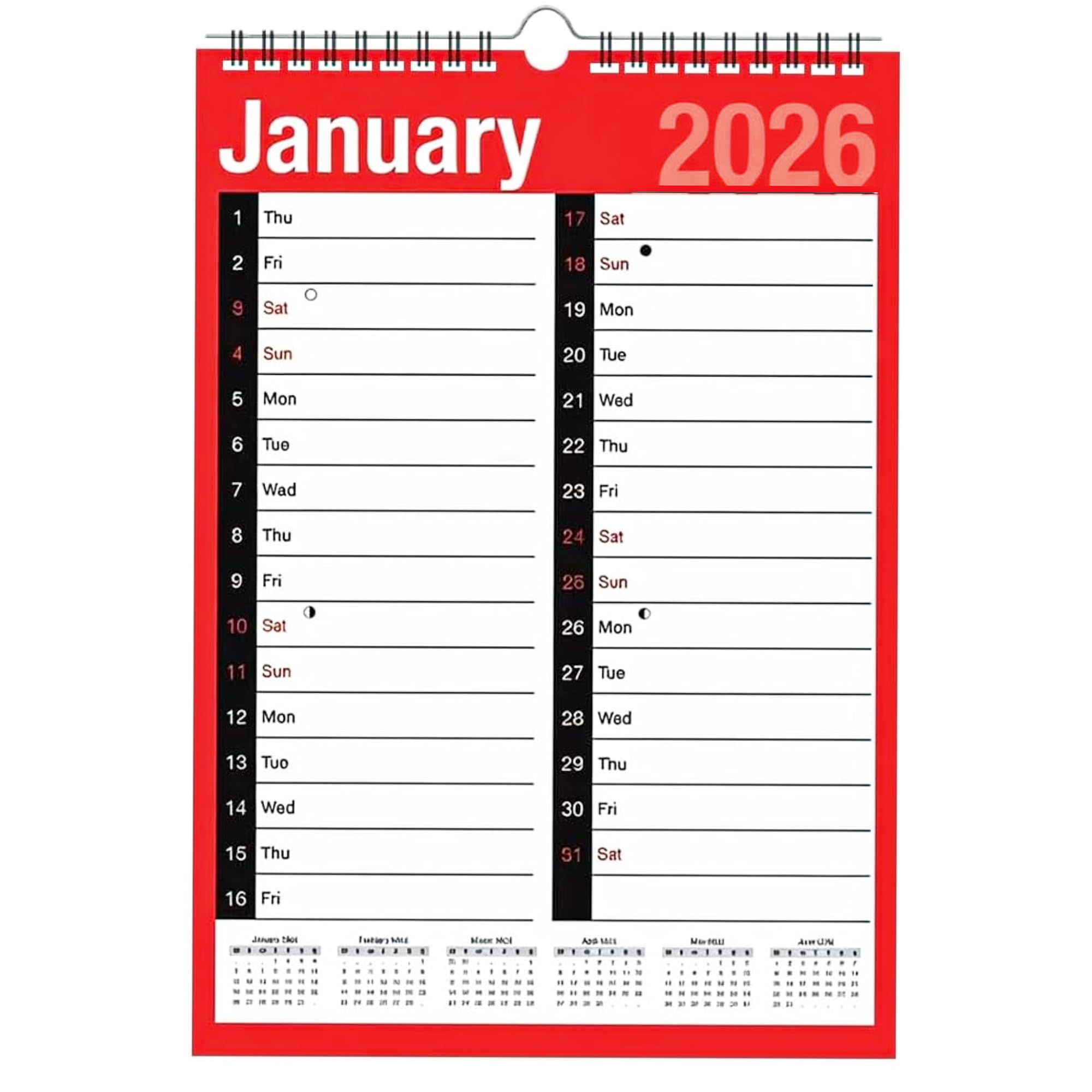 2026 A3 Wall Calendar Month to View Spiral Bound Planner with UK Holidays & Notable Dates - Large Font for Easy View - Hanging Monthly Organiser for Home Business Office School