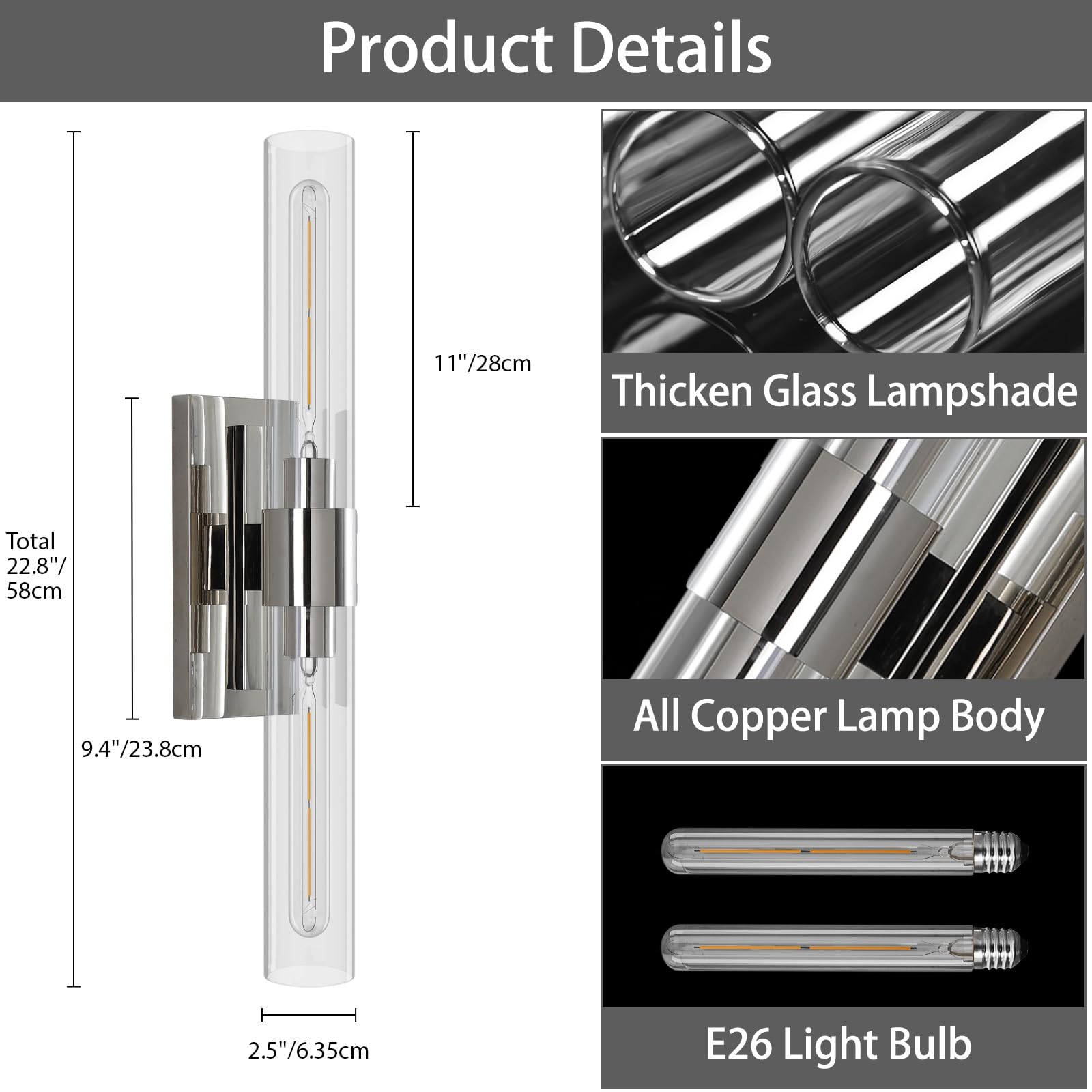 YUYI Nickel Wall Sconce Light, 22.8'' Indoor Sconces Wall Decor with Clear Glass Shade, Bathroom Vanity Wall Lights for Bathroom Living Room Bedroom Hallway Fireplace Staircase