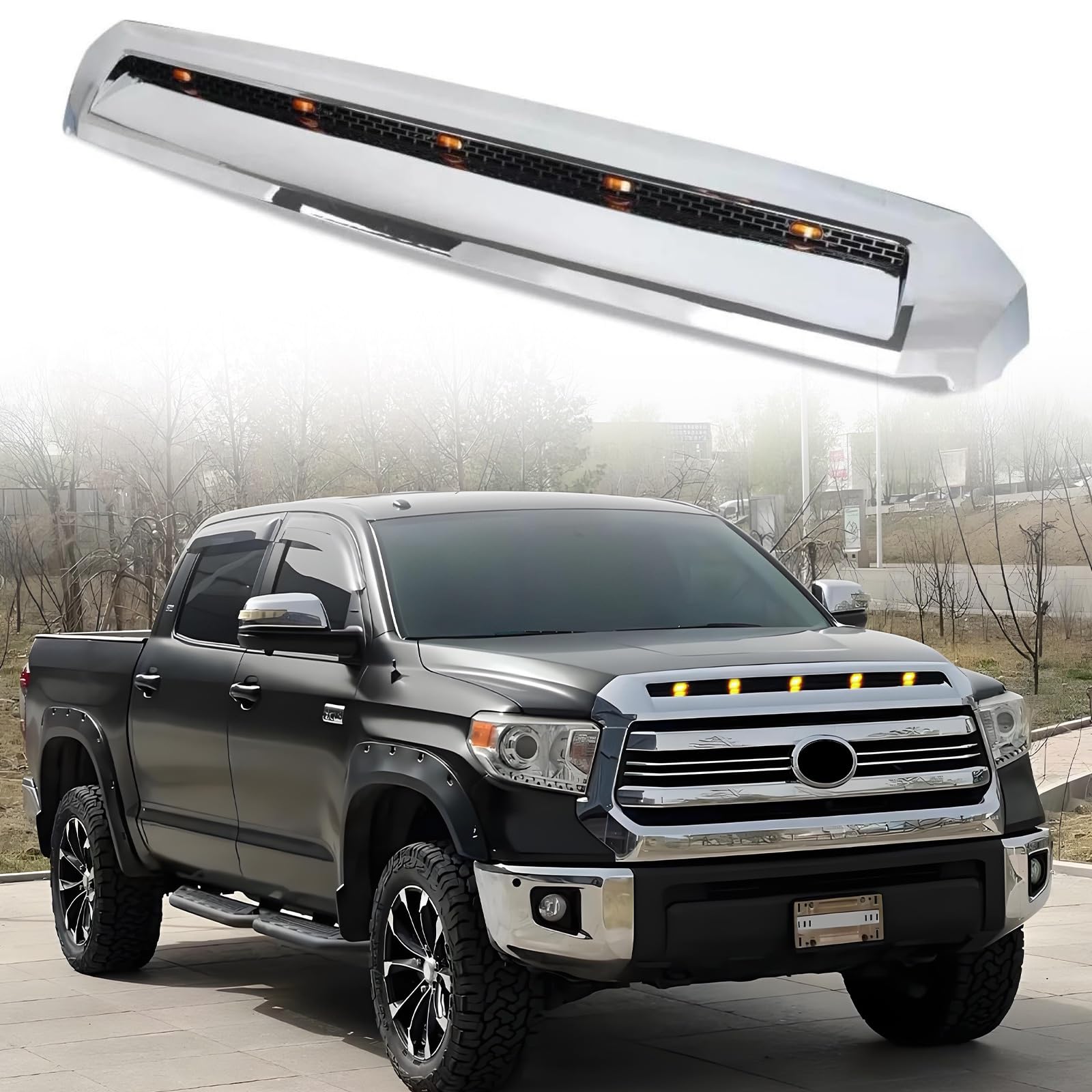 POWECHOX Front Upper Grille Hood Bulge Molding Compatible with Toyota Tundra 2014 2015 2016 2017 2018 2019 2020 Models, Chrome, W/LED Bars
