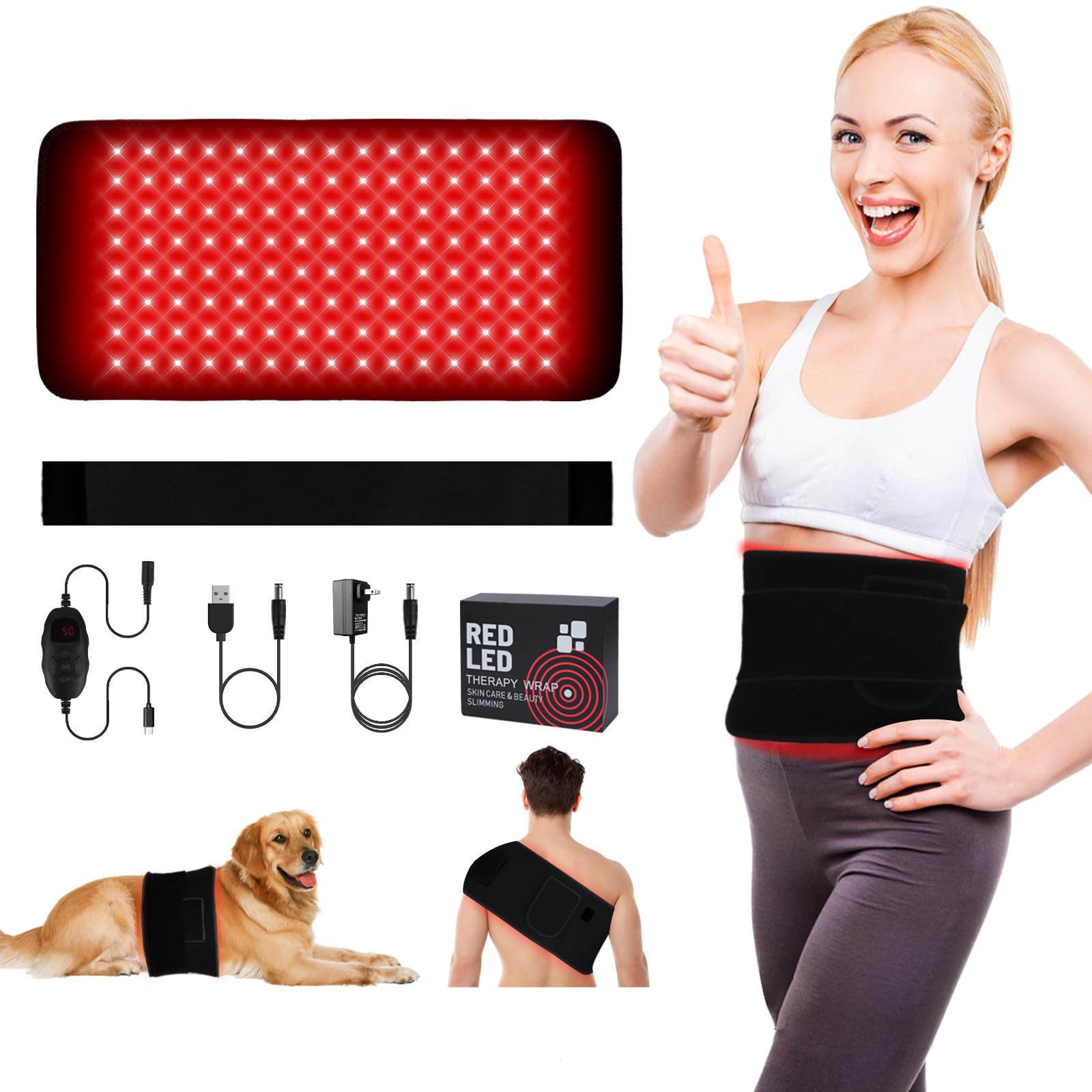 120 LEDs Rotlichtlampe Therapie Gürtel, 7 Stufen Timer, 5 Stufen Lichtintensität&Vibration, 10HZ Puls-Modus, für die Schmerzen von Rücken Schulter Taille Menschen Hunde Katzen Pferde, Schwarz