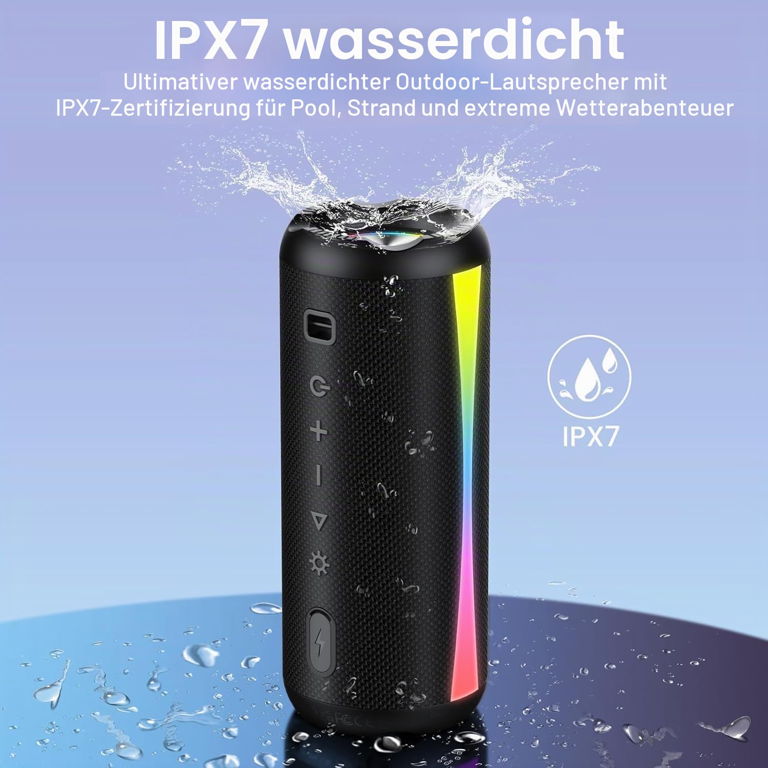 Bluetooth Lautsprecher, Musikbox Bluetooth 5.4 mit RGB Lichter, Bluetooth Box Freisprechfunktion für Phone, IP7 wasserdicht, 20h Akku, Enormer Bass mit Dualen Bass-Treibern für Outdoor/Sport, Black