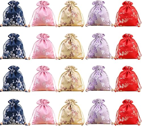 20 bolsas de seda con cordón, bolsa de joyería bordada de brocado de seda china, bolsa de joyería para boda, 4.7 x 5.9 pulgadas