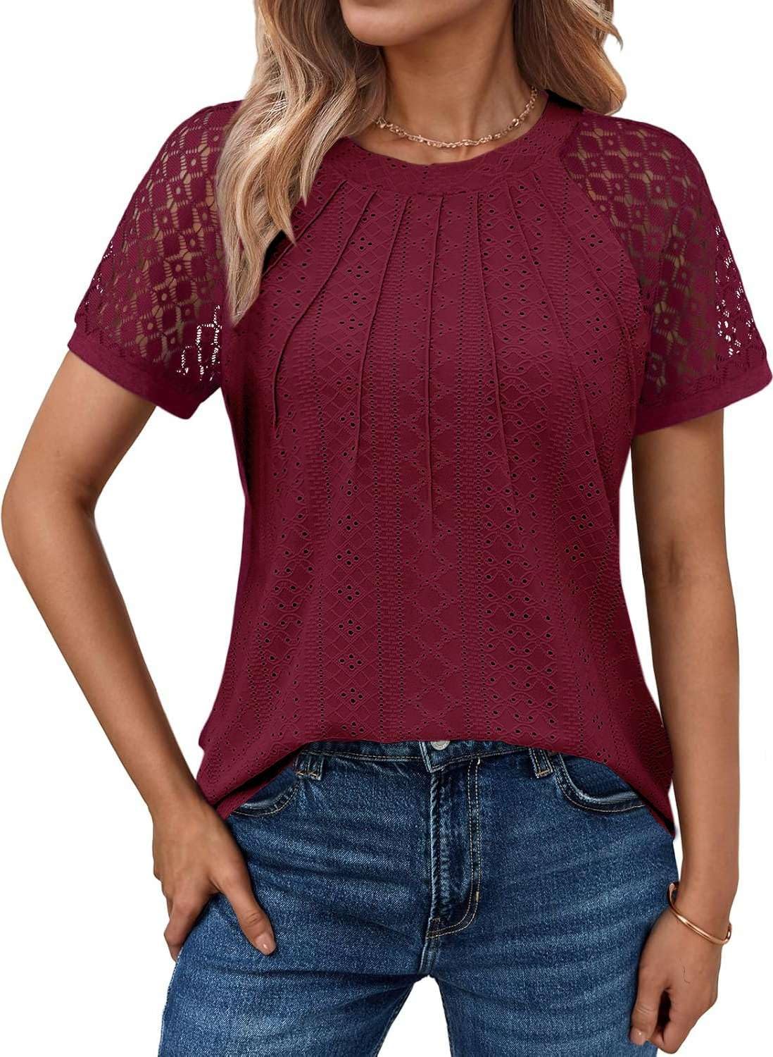 Pawate Spitzen Bluse Damen Kurzarm Oberteil Sommer Shirt Damen elegant Tunika blusen(Weinrot/M)