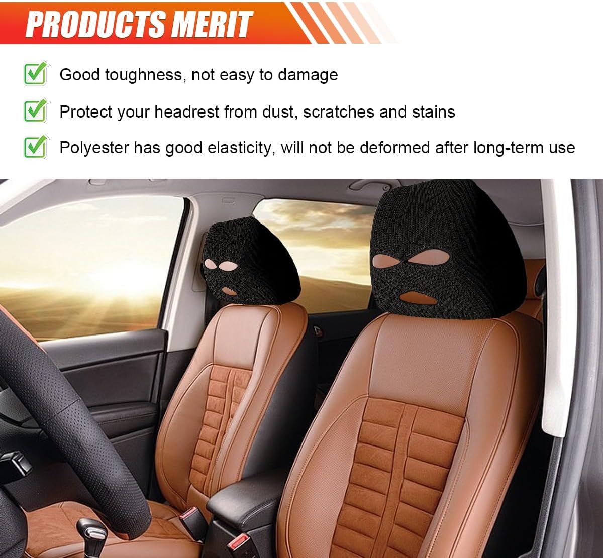 BDZMC 2PCS Car Headrest Cover, Personalized Funny Front Seat Headrest Protector, Ski Mask Auto Seat Headrest Full Face Mask, Universal Car Interior Decoration Accessories for Most Cars (Black)
