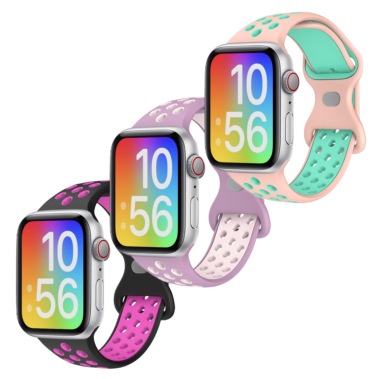 3 Pack Soft Silicone Bands Compatible with Kids Apple Watch Band 38/40/41mm or 42/44/45mm, Boys Girls Breathable Sport Strap for iWatch Series 9/8/7/6/5/4/3/2/1/SE