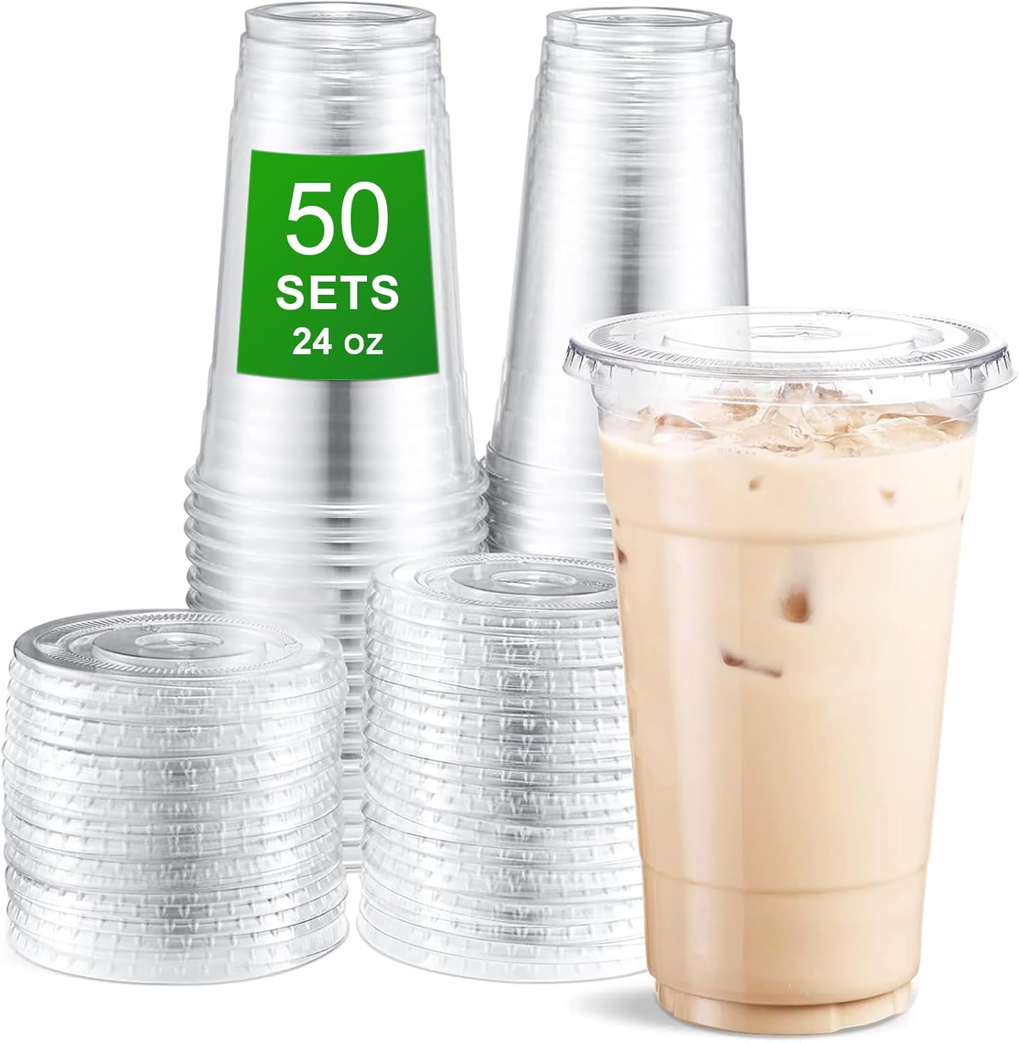 Clear Plastic Cups with Flat Lids, 50 Sets 24oz (100-Piece) Disposable PET Crystal Party Cups, Ideal for Iced Coffee, Smoothie, Milkshake, Juice, Dessert, To-Go Drinks and Cold Beverages