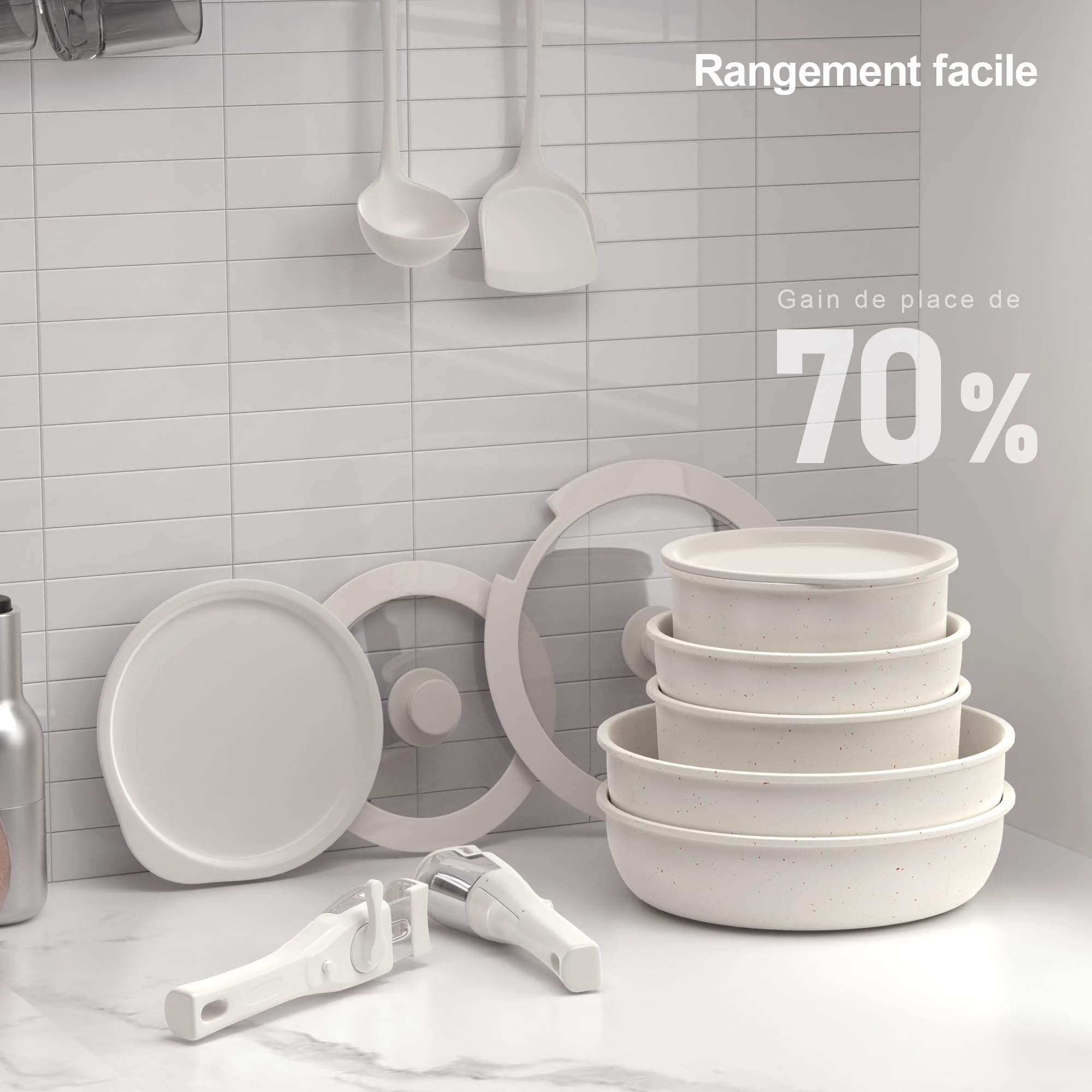 Batterie de Cuisine - Cookware Poêles et Casseroles Antiadhésives en Céramique Induction Tous Feux Lot de 13 Pièces, Poêle 20/26 CM, Sauteuse 26 CM, Casserole 18/20 CM avec Poignée Amovible Zyronem