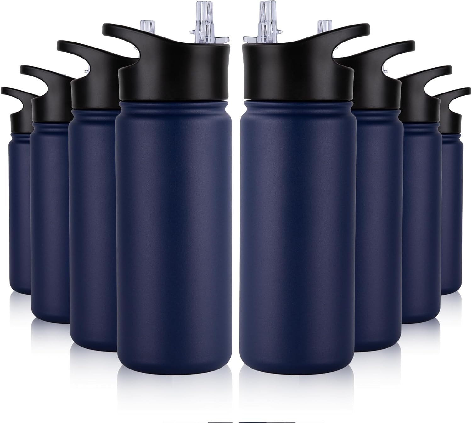 16 oz Insulated Water Bottle Bulk 8 Pack, Straw & Spout Lid, Keep Cold 24H, Spill Proof, BPA-Free, Double Wall, Stainless Steel Kids Water Bottles for School, Sports, Navy Blue