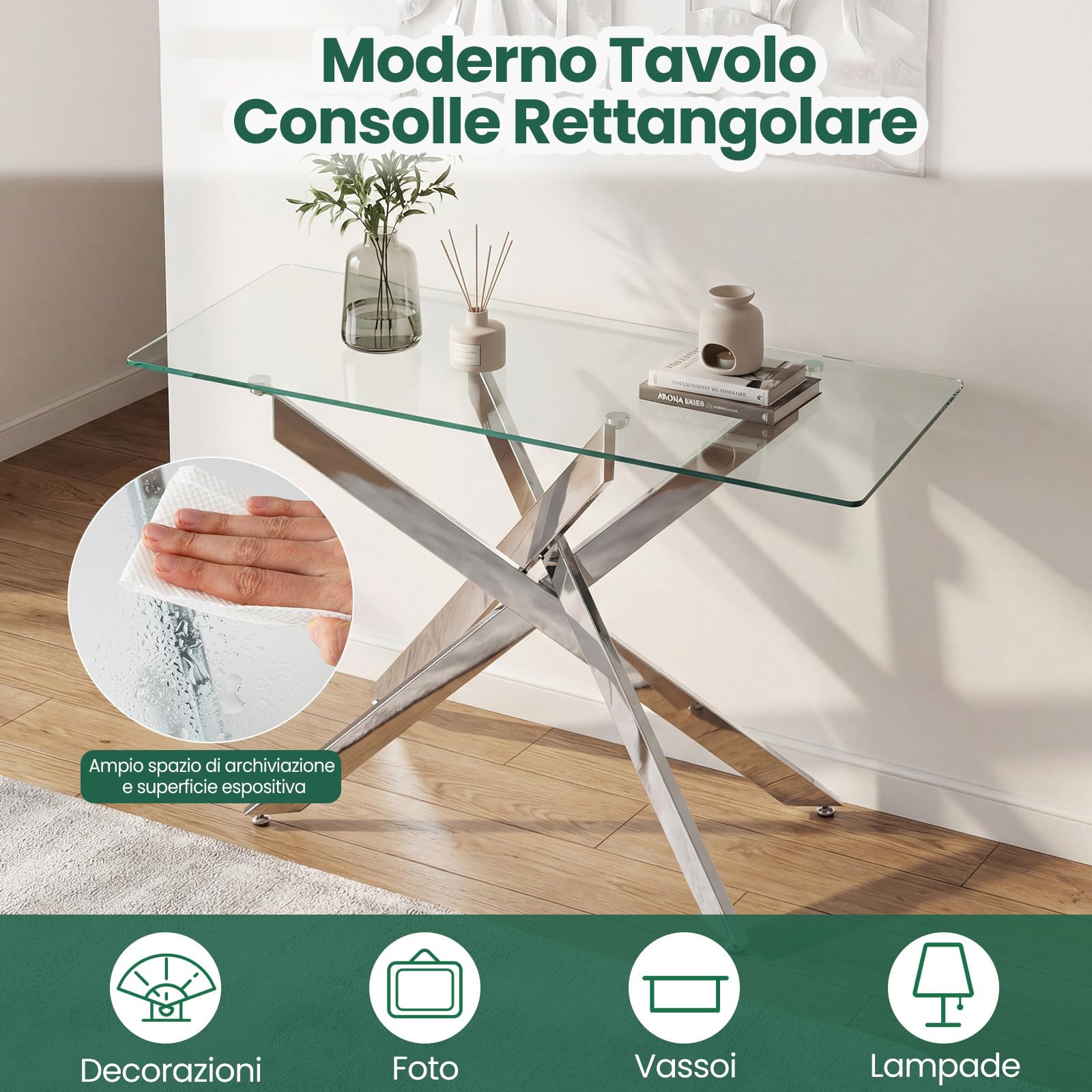 COSTWAY Consolle Ingresso in Vetro Temperato, Tavolo d'Ingresso con Gambe Incrociate in Metallo Placcato e Piedini Regolabili Antiscivolo, Tavolo per Corridoio, Entrata e Salotto (Argento)