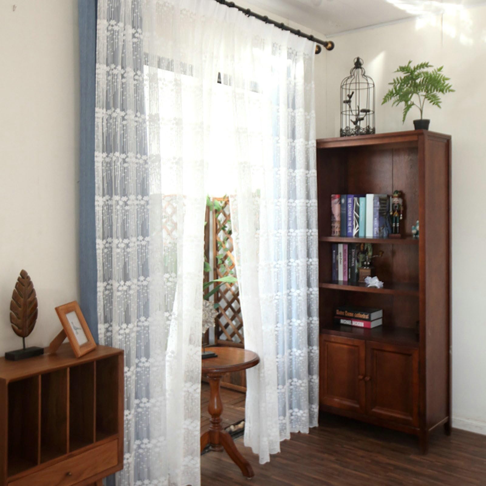 Cortinas transparentes de tul KnSam 140x215, visillos de poliéster blanco con flores