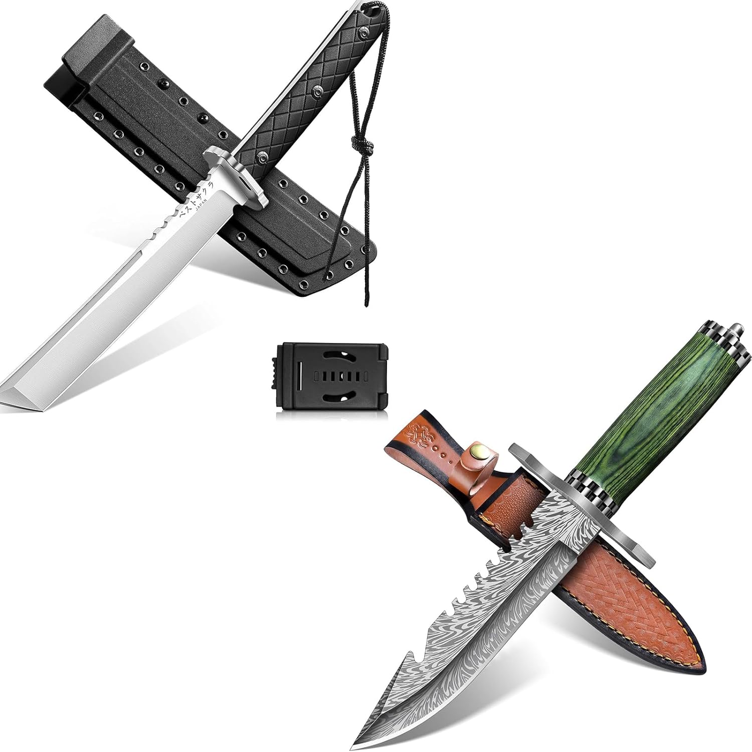 Purple Dragon Damascus Camping Knife & Japanese Tanto with Sheaths