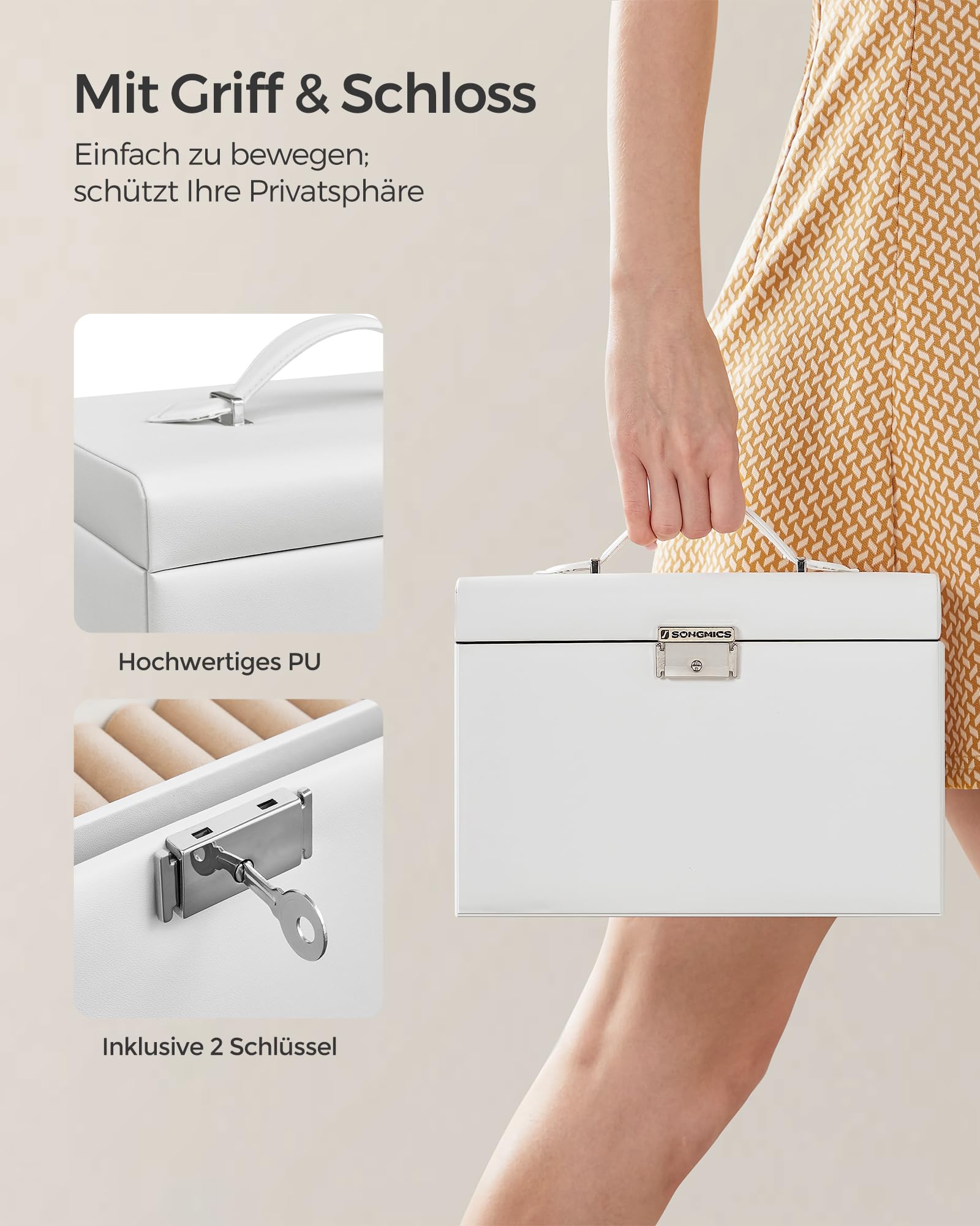 SONGMICS Schmuckkästchen 3 Ebenen, Schmuckkasten mit 2 Schubladen, Schmuckschatulle mit tragbarer Mini-Box für Reisen, mit Griff, abschließbar, Schmuckaufbewahrung, Geschenkidee, weiß JBC121W