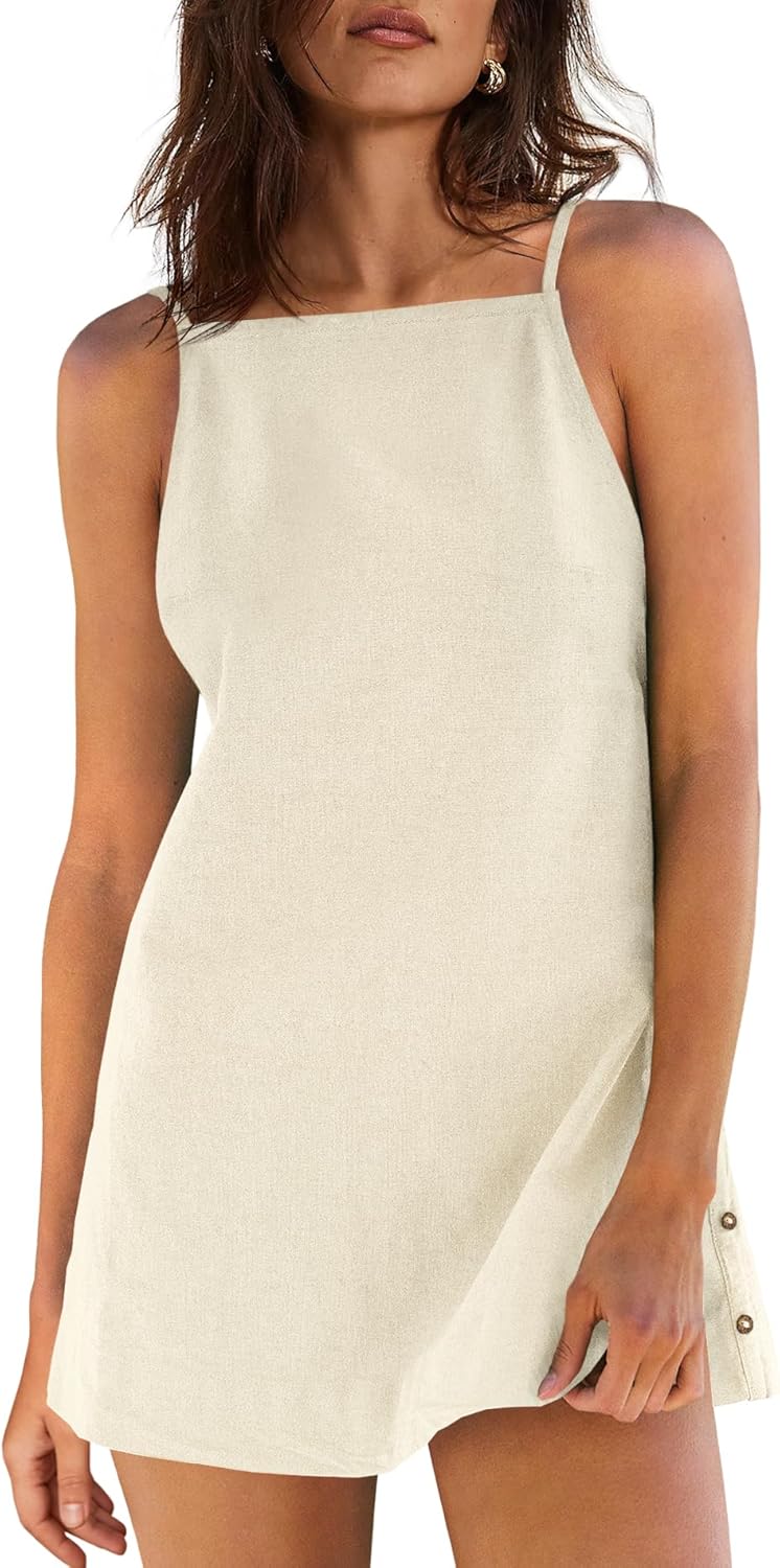 Yanekop Womens Linen Mini Dress Spaghetti Strap Short Beach Summer Dresses Sleeveless Sundress Open Back Dress
