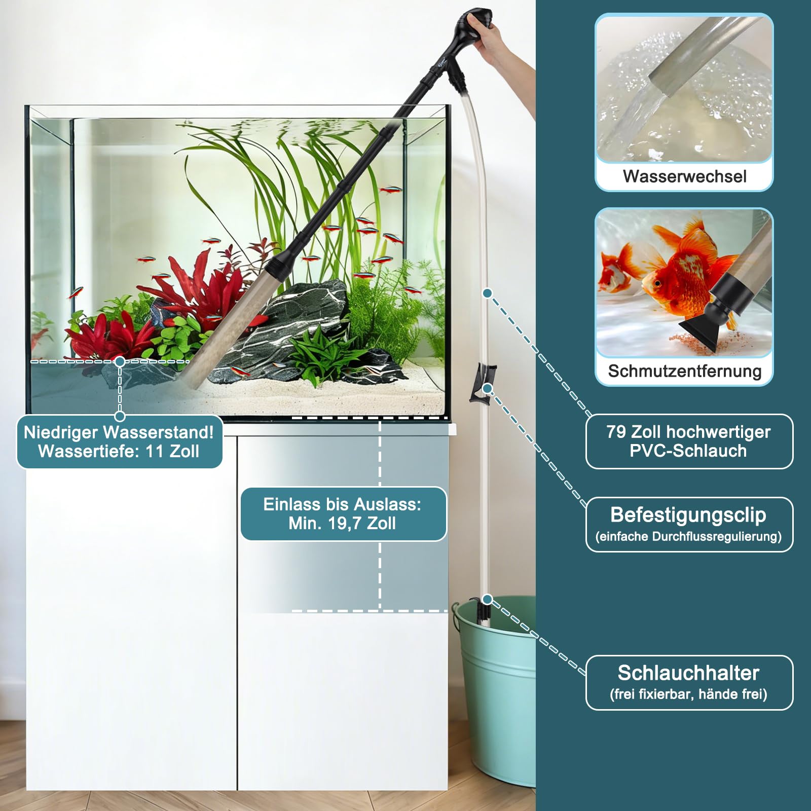 hygger Mulmsauger Aquarium, 969 L/H Aquarium Sauger Reinigungsset | Geeignet für Niedrige Wasserstände, Integrierter Kneif & Greifsaugball, Verstellbare Länge Größe L Mittelgroßes Aquarium